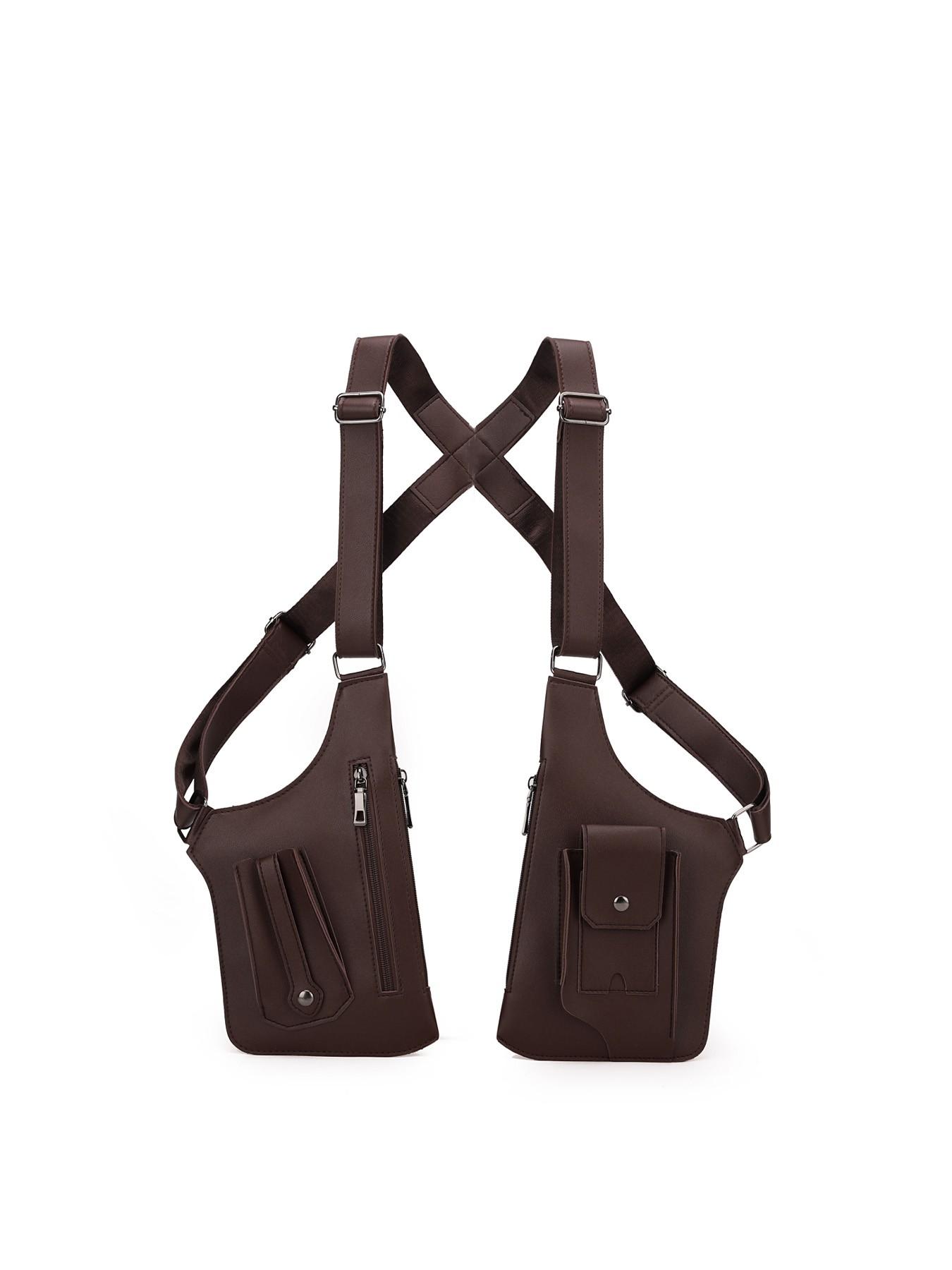 1pc Tactical style PU leather shoulder bag for men, multi pocket adjustable shoulder strap functional shoulder bag, cyberpunk style workwear armpit bag, trendy and cool outfit with vest bag