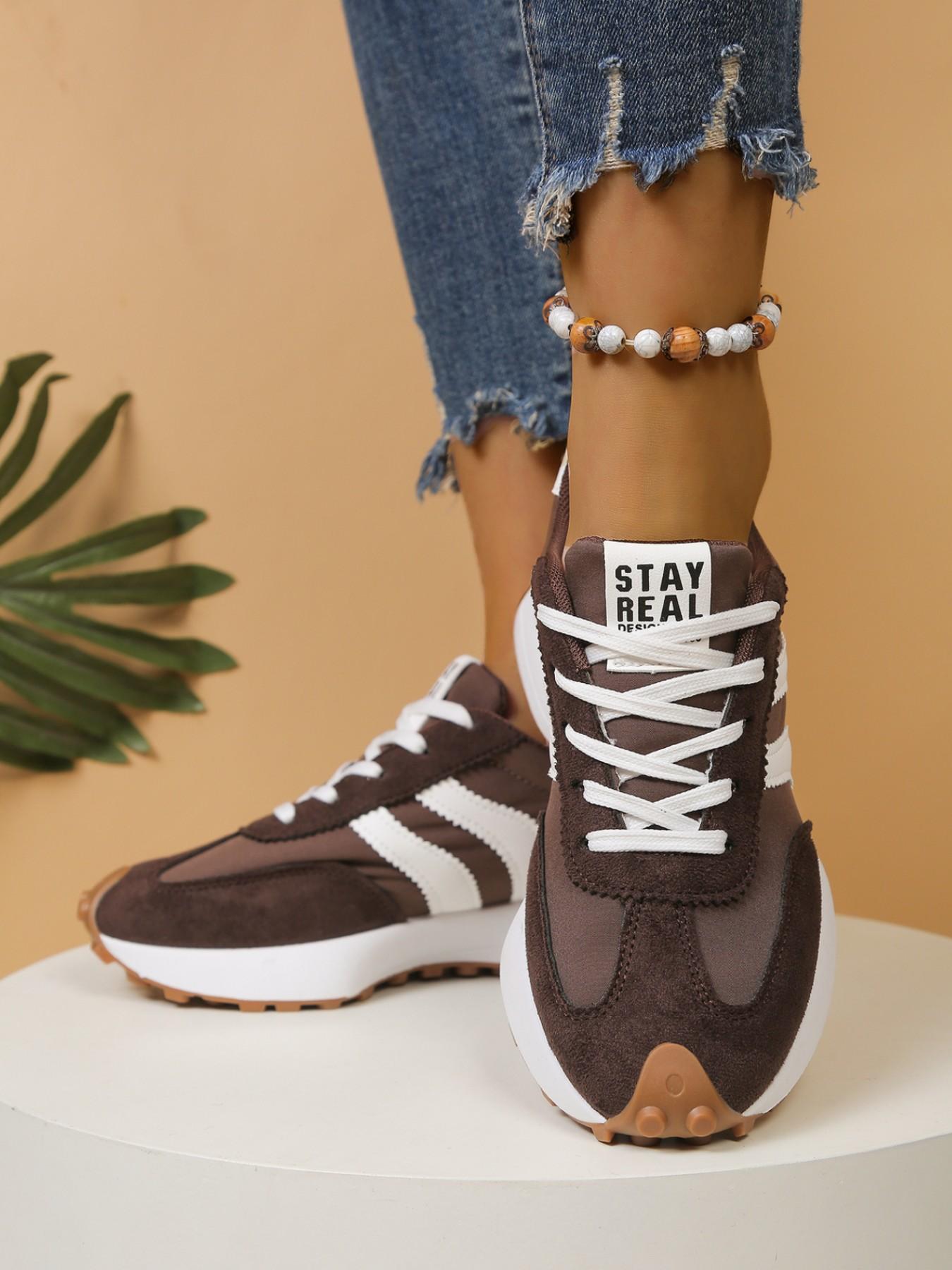 Women's New Spring Autumn Round-Toe Thick-Sole Casual Shoes, Colorblock Lace-Up Breathable Anti-Slip Fashion Sneakers for Outdoor Running and Training