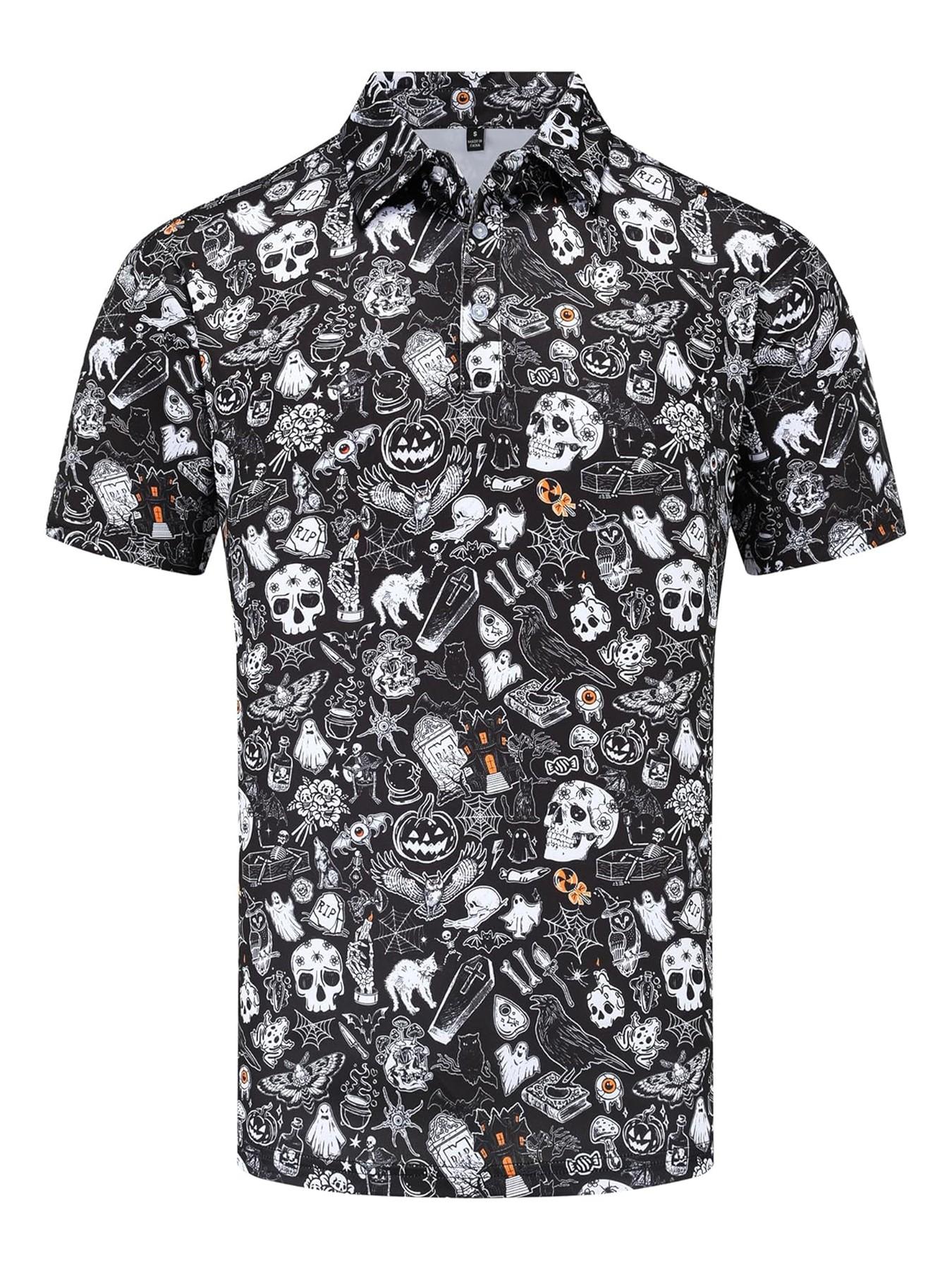 Men's Halloween Theme Polo Shirt, Hand-Drawn Skull Ghost Tombstone Pattern, Short Sleeve, Breathable, Festive Casual Golf Top,Unisex (Recommended ordering one size up),polo shirt for men,deals of the day，halloween costumes for men，halloween costumes