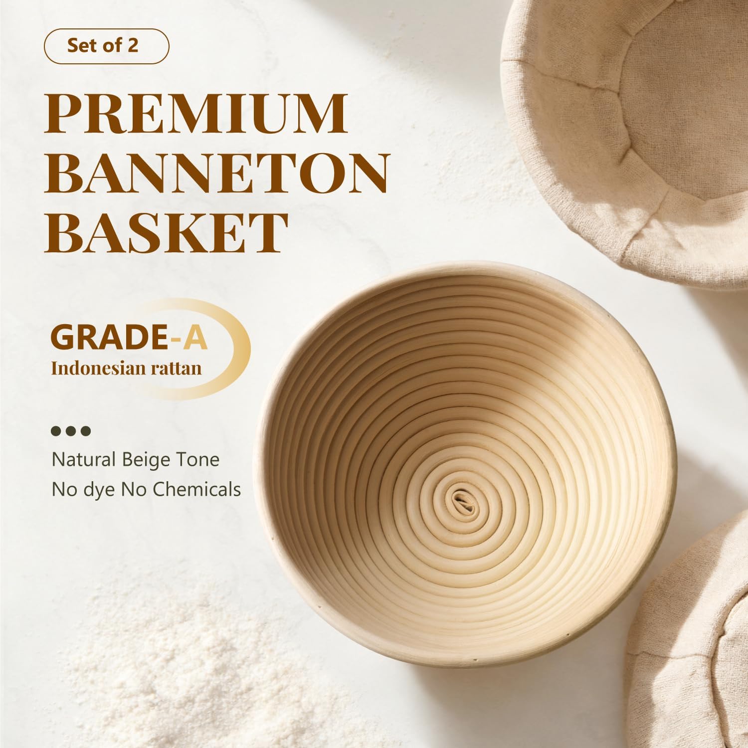 2 Pack Banneton Bread Proofing Baskets for Sourdough, 9 Inch Round Natural Rattan Proofing Basket for Dough Rising, Bread Proofing Bowl Sourdough Bread Baking Supplies for Home Bakers
