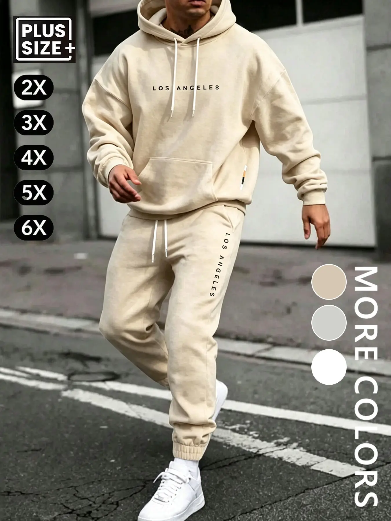 Men's Fall Winter Plus Size Casual Letter Print Hooded Sweatshirt and Drawstring Sweatpants Set, Long Sleeve, Loose Fit, Ankle Length
