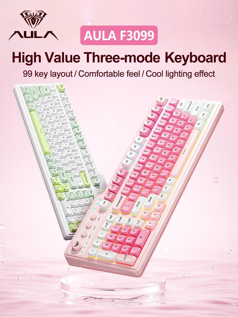 AULA F3099 three-mode, 99-key layout, light tone keys, cool RGB lighting effect, multi-function knob, ergonomic design, long battery life, compatible with computers, notebooks, mobile phones, membrane keyboard, Rgb Backlit Keyboard