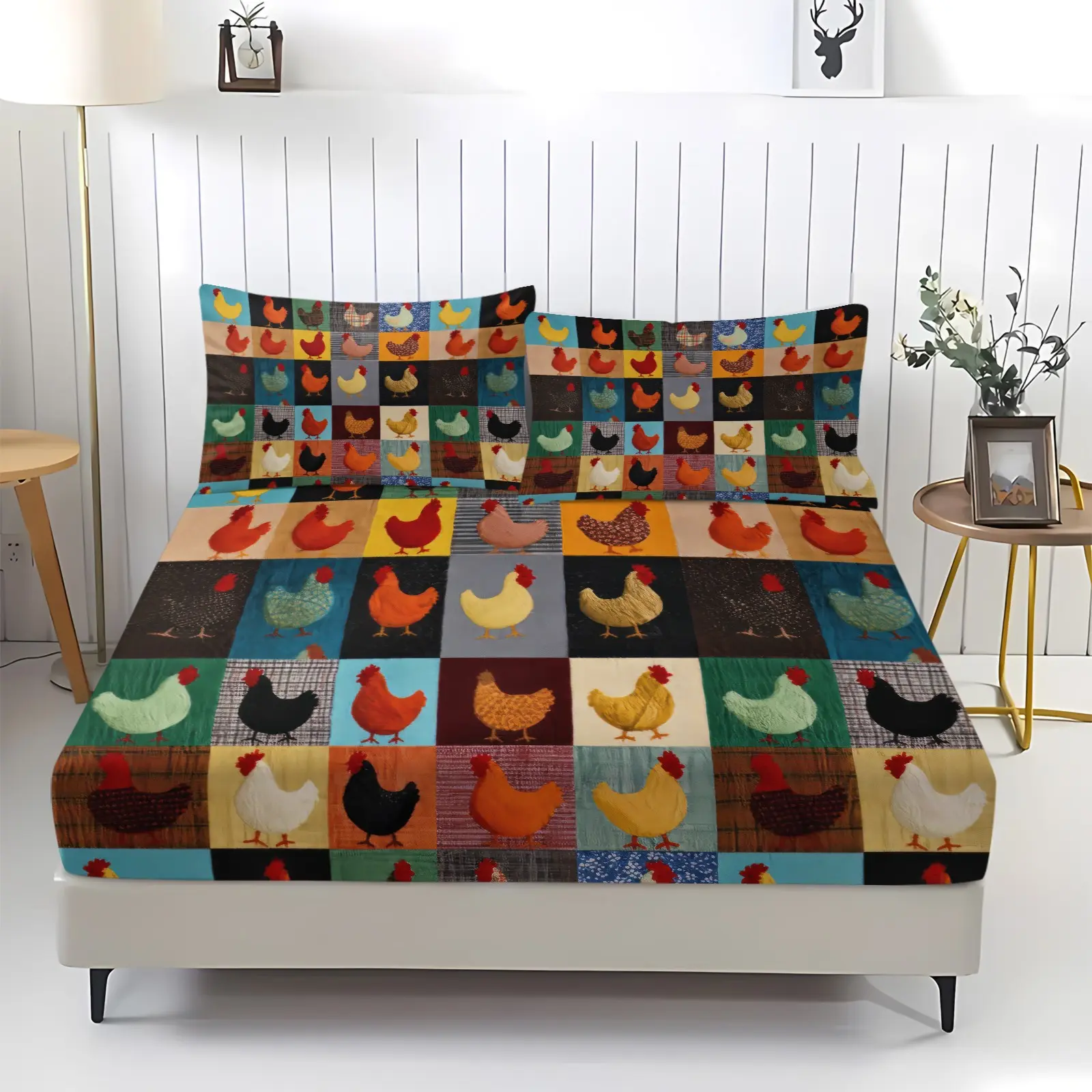 Rustic Farm Patchwork Fitted Sheet Set, Digital Print Bedding Set , Fall Farmhouse Decor for Adults Bedroom Dorm, Bed Sheets Set, Cozy Bed Sheets, 1 Fitted Sheet & 2 Pillowcase, No Filling