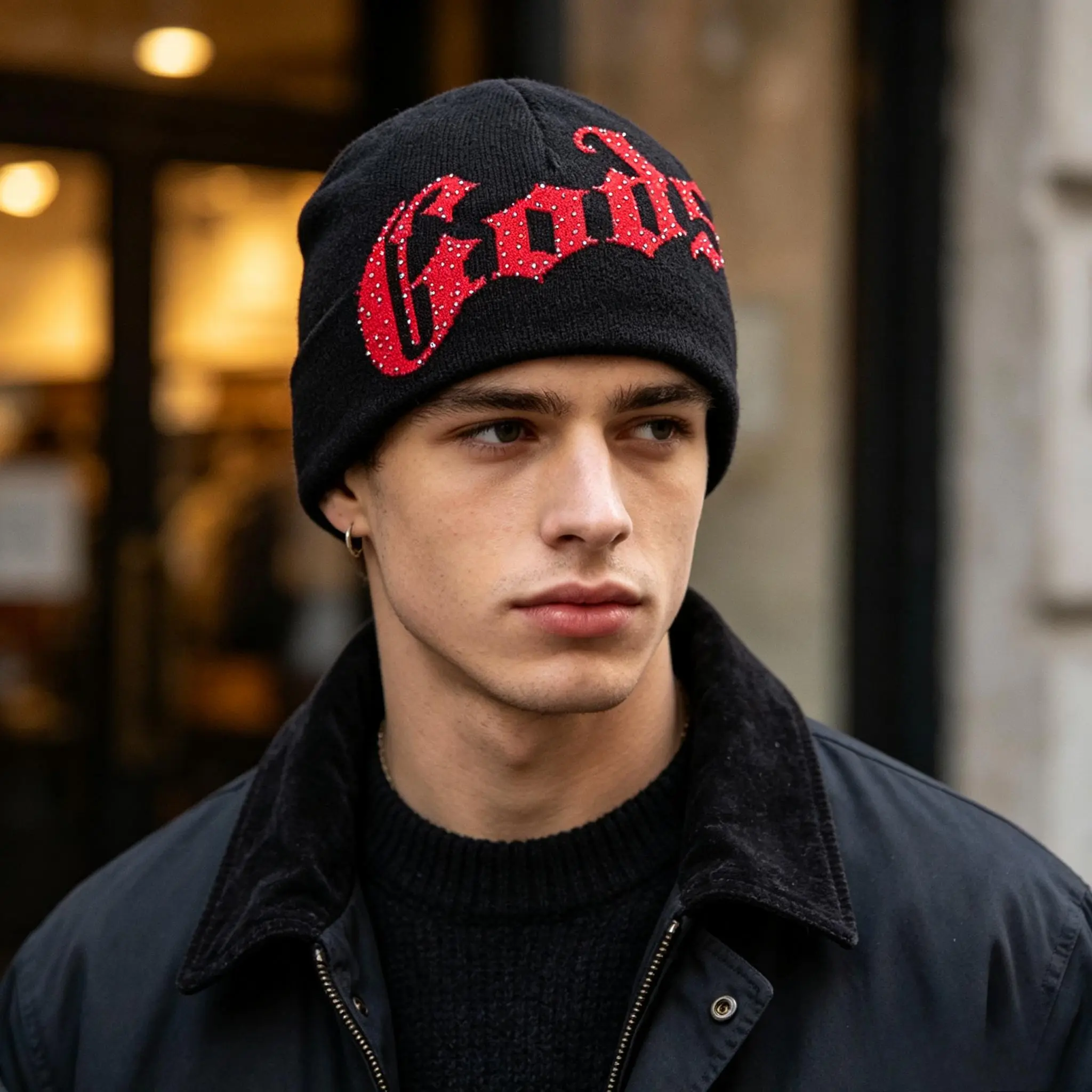 Vintage Gothic Script Knit Skull Cap Red Rhinestone Lettering Thermal Winter Beanie Y2K Alt Grunge Hip Hop Streetwear Cap Unisex Headwear