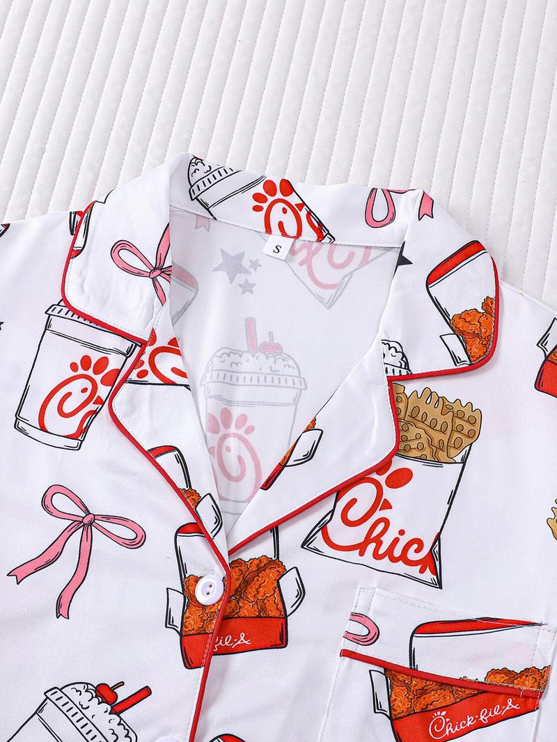 2-Piece Spring/Summer Set: Full-body Fries, Fried Chicken, Bow, Star, Beverage Print Short Sleeve Shorts - Soft & Comfortable Top with Small Pockets, Turned-Down Collar, Elastic Waistband - Suitable for Year-Round Home, Casual, Everyday Wear, Sleepwear