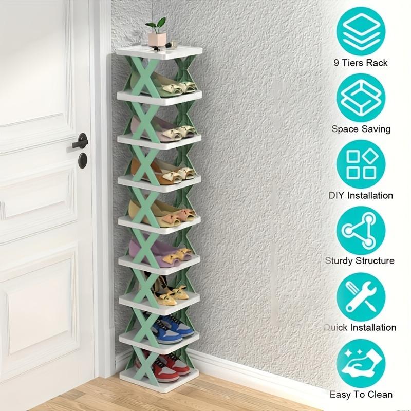 Nine-layer shoe rack. This space-saving vertical shoe rack can hold 9 pairs of shoes. Suitable for wardrobes, corridors, bathrooms, and dormitories. Plastic stackable shoe rack - a multi-functional storage rack for doorways, easy to assemble.
