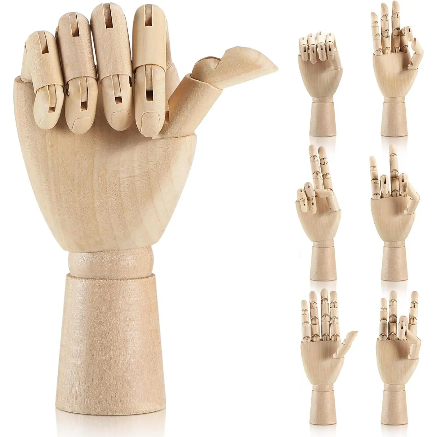 6 Pcs Wooden Hand Model 7 Inch Wood Artist Drawing Manikin Articulated Mannequin Right Hand Flexible Figure Hand Model Art Sketching Painting for Home Office Desk Decoration(Close Style)