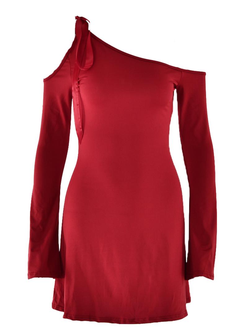 Women's Plain Cut Out Asymmetrical Neck Tie Front Dress, Elegant Long Sleeve Short Dress for Party Holiday, Ladies Fall Clothes, Fall Outfits, Fallfreshness Valentine's Day, gift, Womenswear