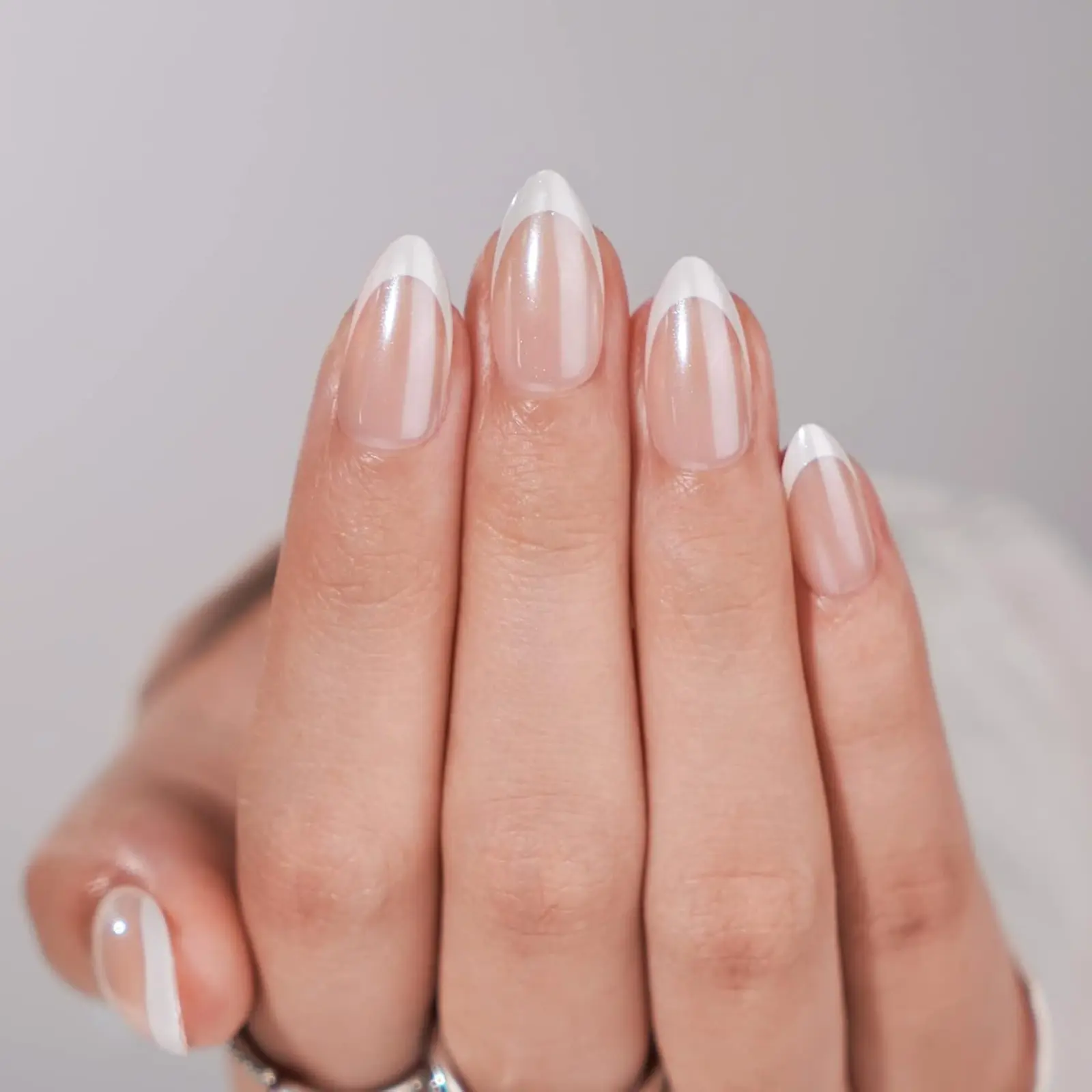 Press On Nails, Classic, Short Almond, White French Tip, Lamp-Curable 4-Week Wear, Salon-Quality Natural Nails, 10-Minute Easy Daily Application, 16 Sizes, All-in-One Complete Kit