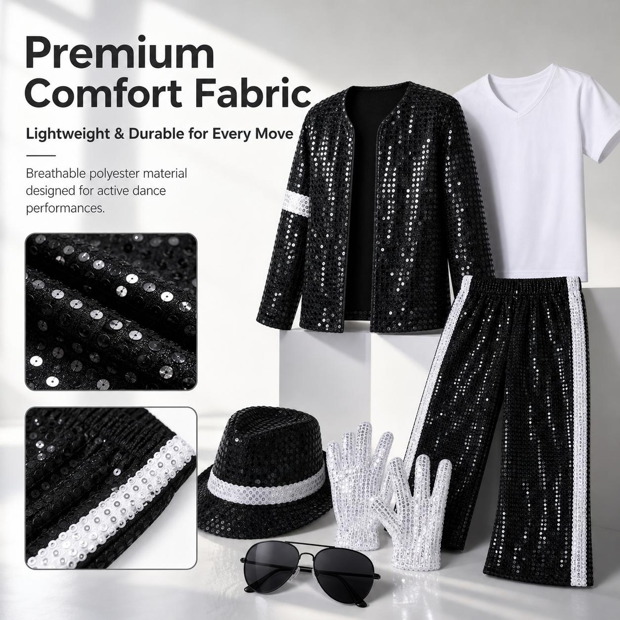 Boys' Hip Hop Dance Costume, 7-Piece Black & Silver Glitter Sequin Fabric Outfit, Stage Ready for Talent Shows, Loose Fit Pants, Matching Activewear Set, Sporty Sports Clothing Sets,back to school,back to school haul