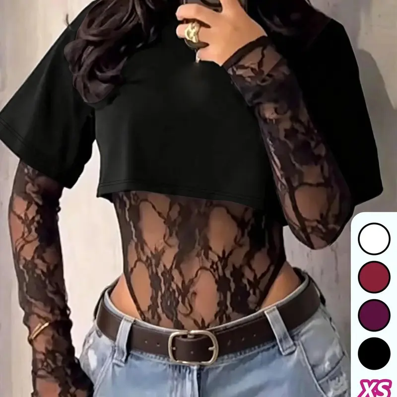 Lace Patchwork Long Sleeve Bodysuit, Slim Fit T-Shirt Style, Y2K Layering Top for Daily Wear, Women's Bodysuit