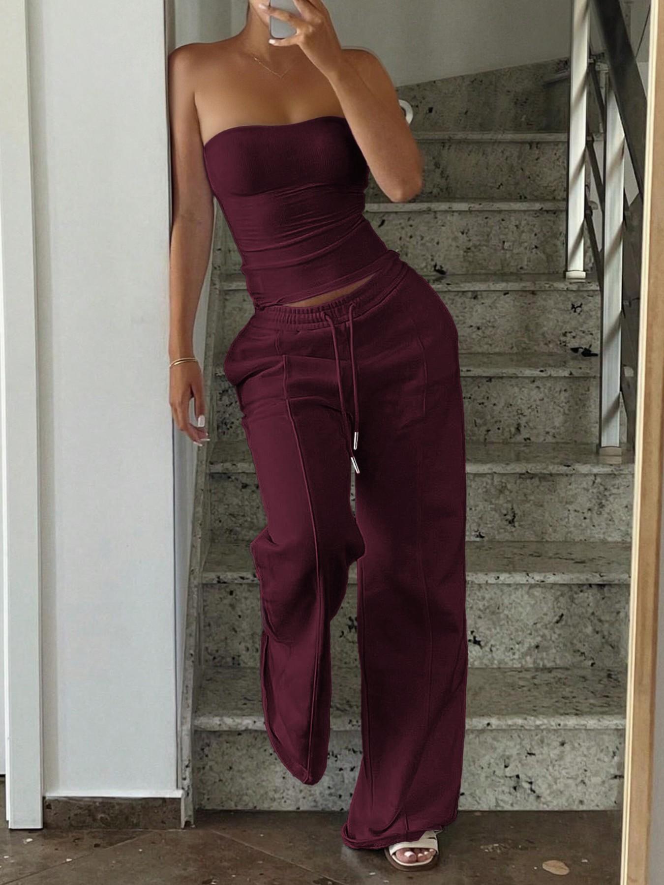 Women's High-End Plain Slim Fit Tank Top & Drawstring Adjustable Wide Leg Pants Set, Comfortable Casual Elastic, Perfect for Daily Wear