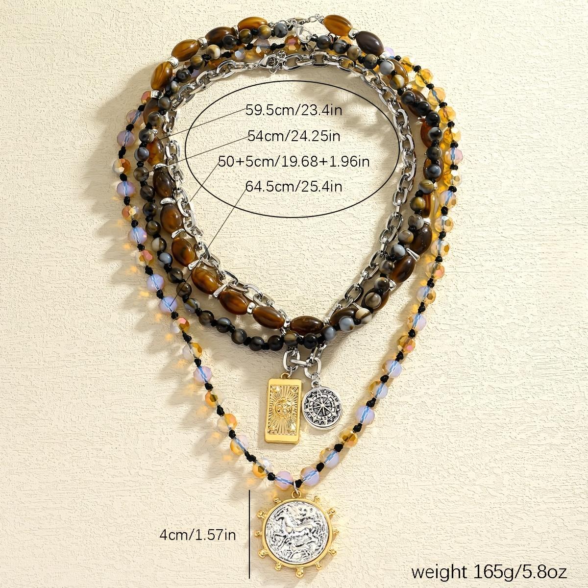 Women's Beaded Choker Necklace Tiger Eye Natural Stone Compass Charm Boho Western Style for Beach Vacation Festivals Daily Wear