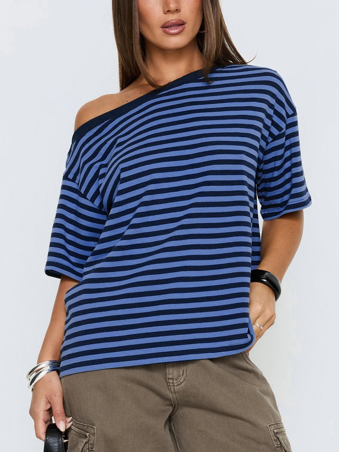 Women's Striped Off-Shoulder T-Shirt, Lightweight Casual Loose Fit Top, Comfortable Daily Wear, Trendy Summer Fashion
