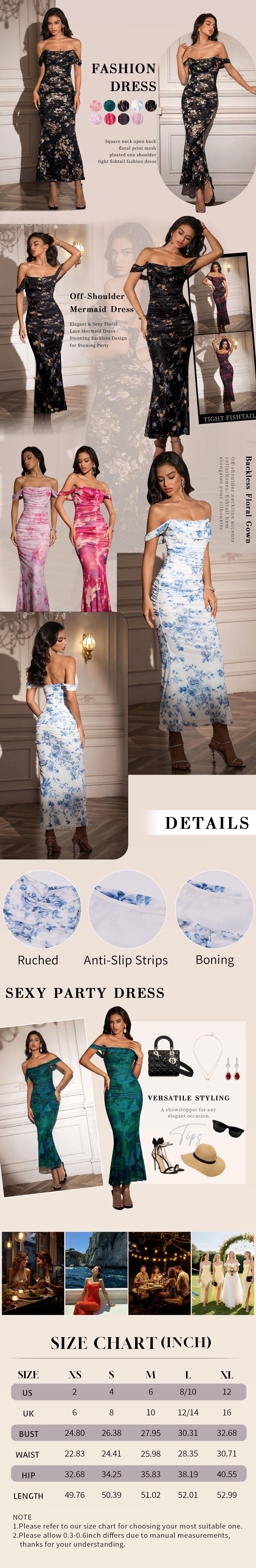 Parthea Square Neck Backless Floral Print Mesh Off Shoulder Bodycon Dress,Womenswear,Elegant and Fashionable Long Dress for Beach Party and Graduation Party