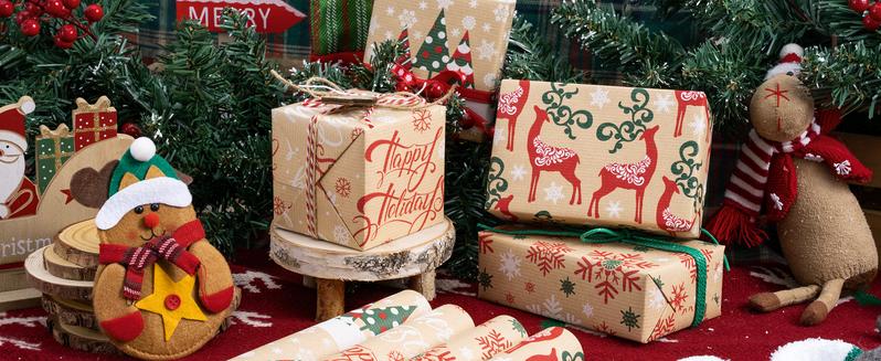 RUSPEPA Christmas Kraft Wrapping Paper Roll - 4 Designs Snowflake Reindeer Tree Greetings - 17x10 Feet Recyclable Eco-Friendly for Holidays with Grid Cutting Line