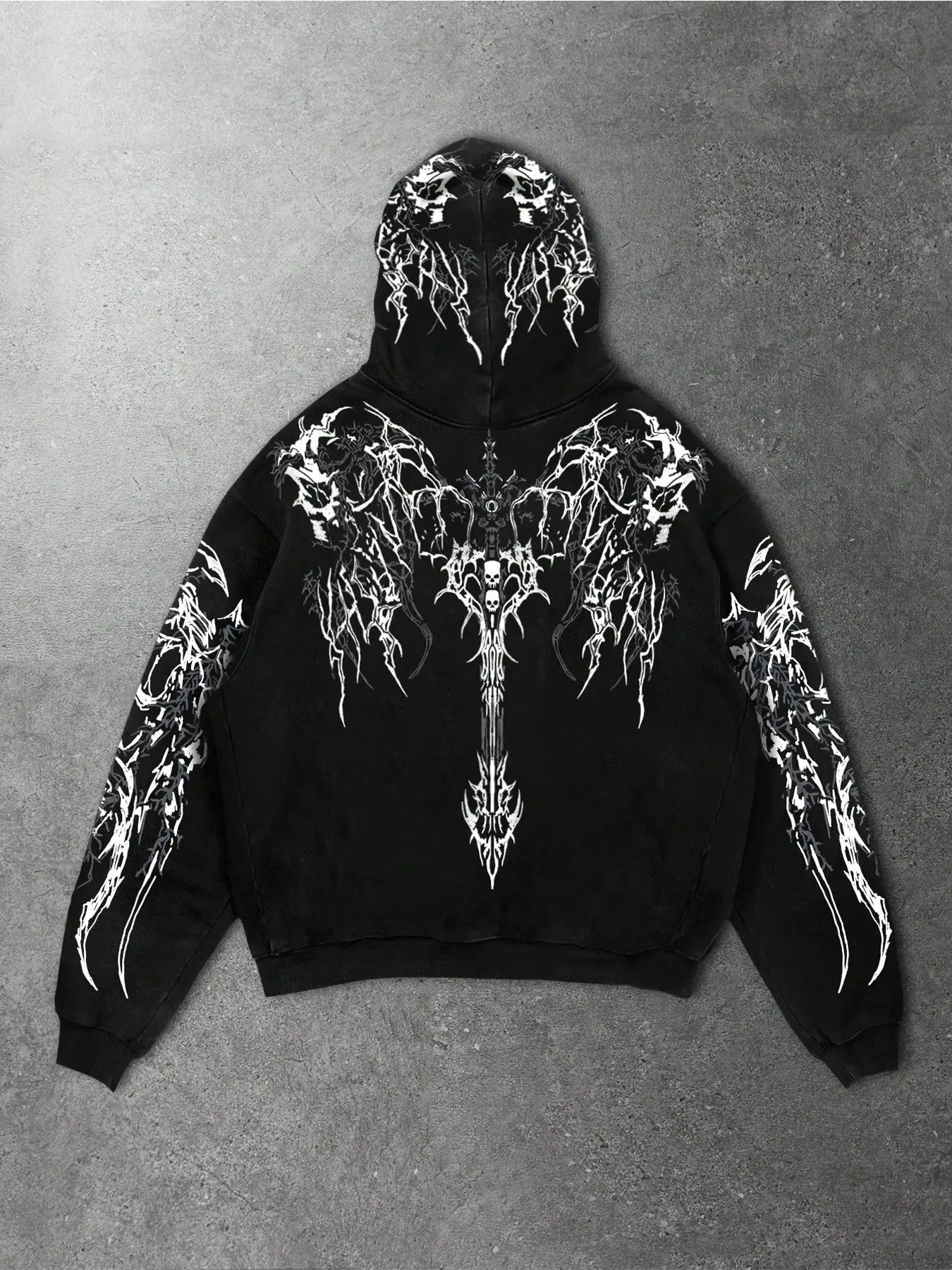 Y2K Punk Gothic Thorn Wings Skull Print Pullover Hoodie, Long Sleeve Loose Fit Top, Perfect for Concerts, Parties, Streetwear, Young Adult Men