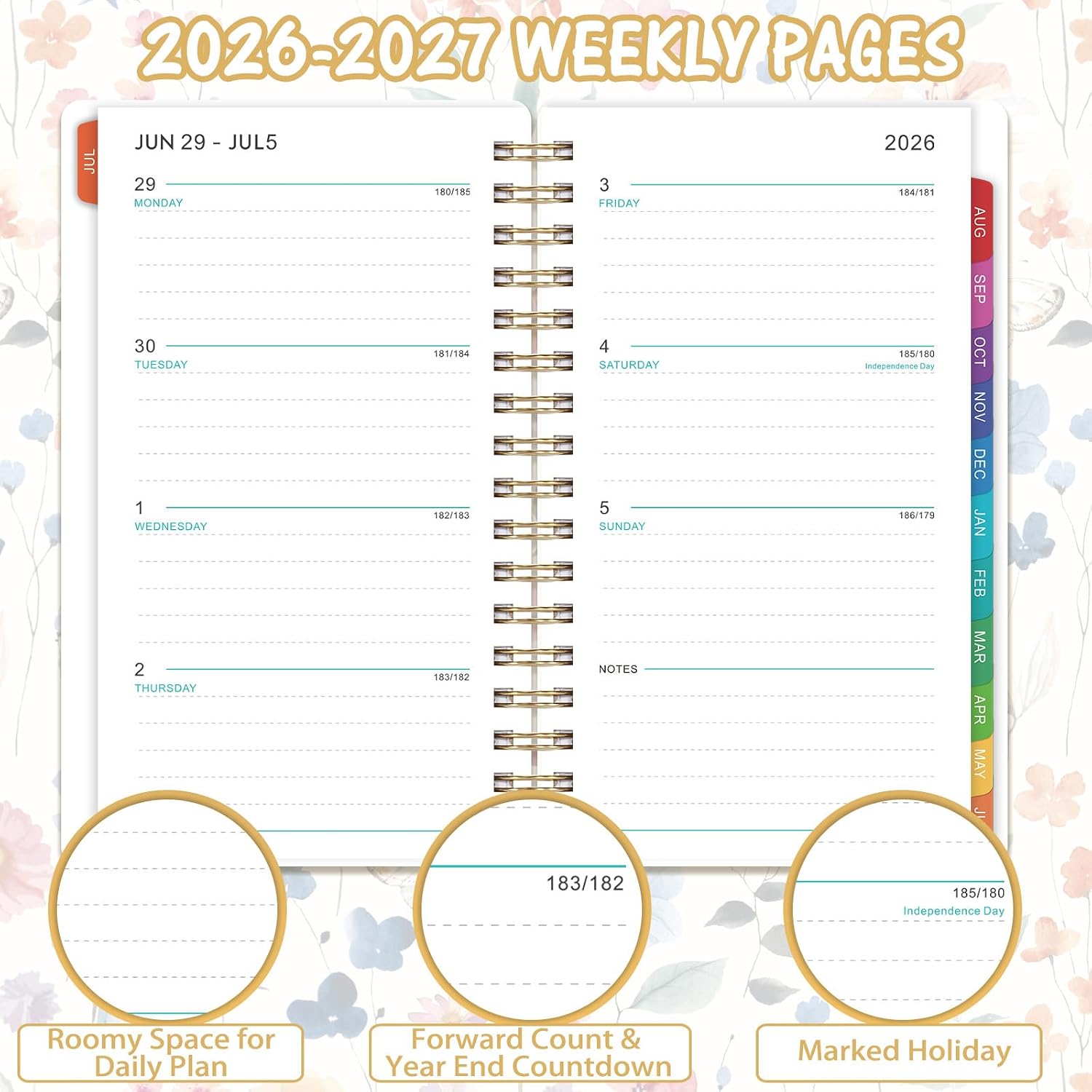 Pocket Planner 2026-2027 - Pocket Calendar 2026-2027 for Purse, JULY 2026 - JUNE 2027, 6.77” x 4.13”, Weekly and Monthly Planner with Colorful Tabs, Double-side  Pocket, Holidays - Wildflowers