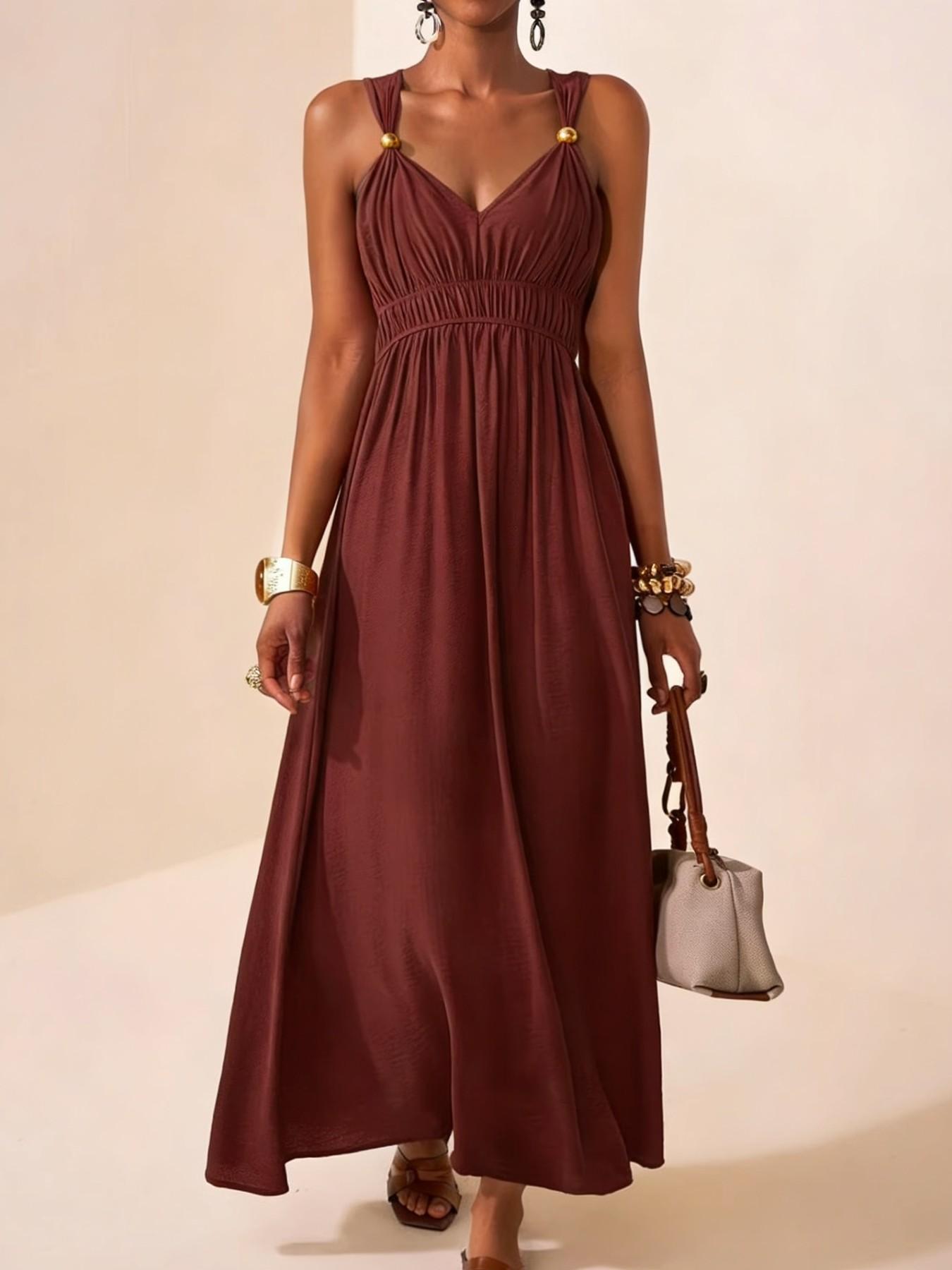 Women's Thin Strap Sleeveless Deep V Long A-Line Dress, 2026 Summer New Minimalist Elegant Chic, Perfect for Parties, Events and Evening Formal Wear