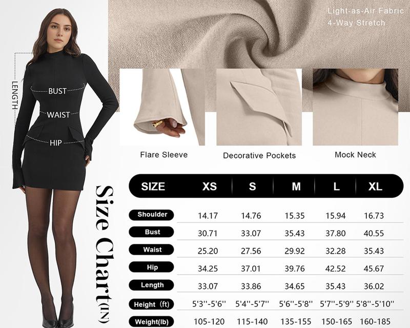 OFEEFAN Women's Fall Long Sleeve Mock Neck Dress Basic Party Club Bodycon Mini Dresses