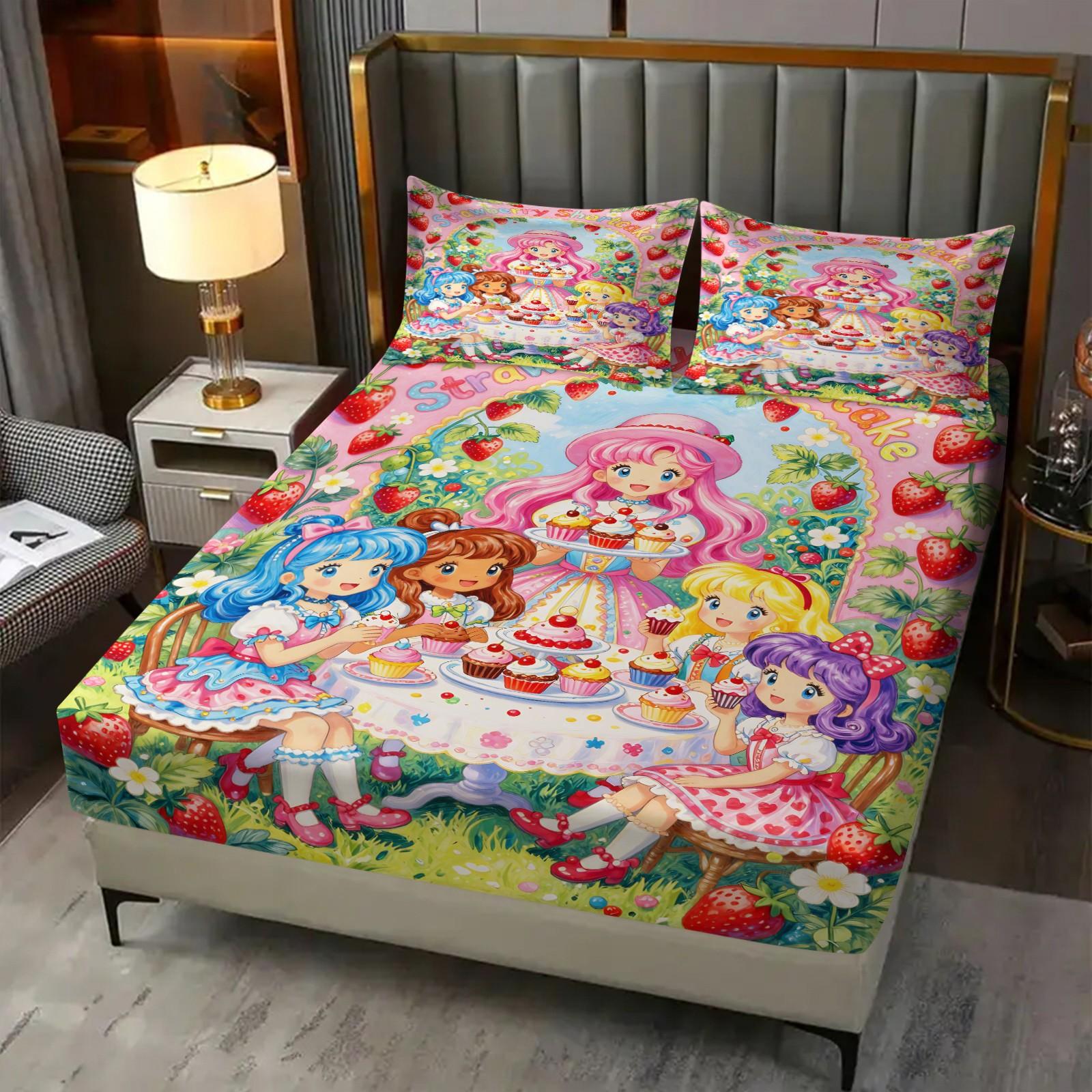 Strawberry Sweetheart Fitted Sheet Set & 2 Pillowcases, 3D Strawberry Full Print & Q-Version Cartoon Girl Design, Soft Anti-Slip Wrinkle-Resistant, Sweet Healing Style Girl's Room Kids Room Decor, Gift Choice