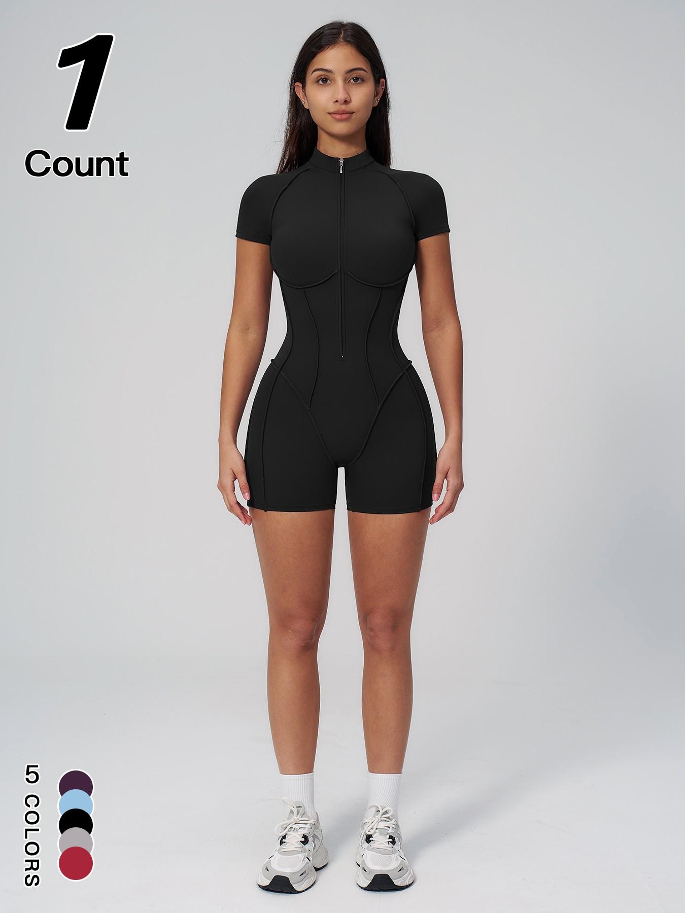 Women's Sportswear Half-Zip Stand Collar Shapewear Jumpsuit, Casual Slim-Fitting Short Sleeve Jumpsuit for All Seasons