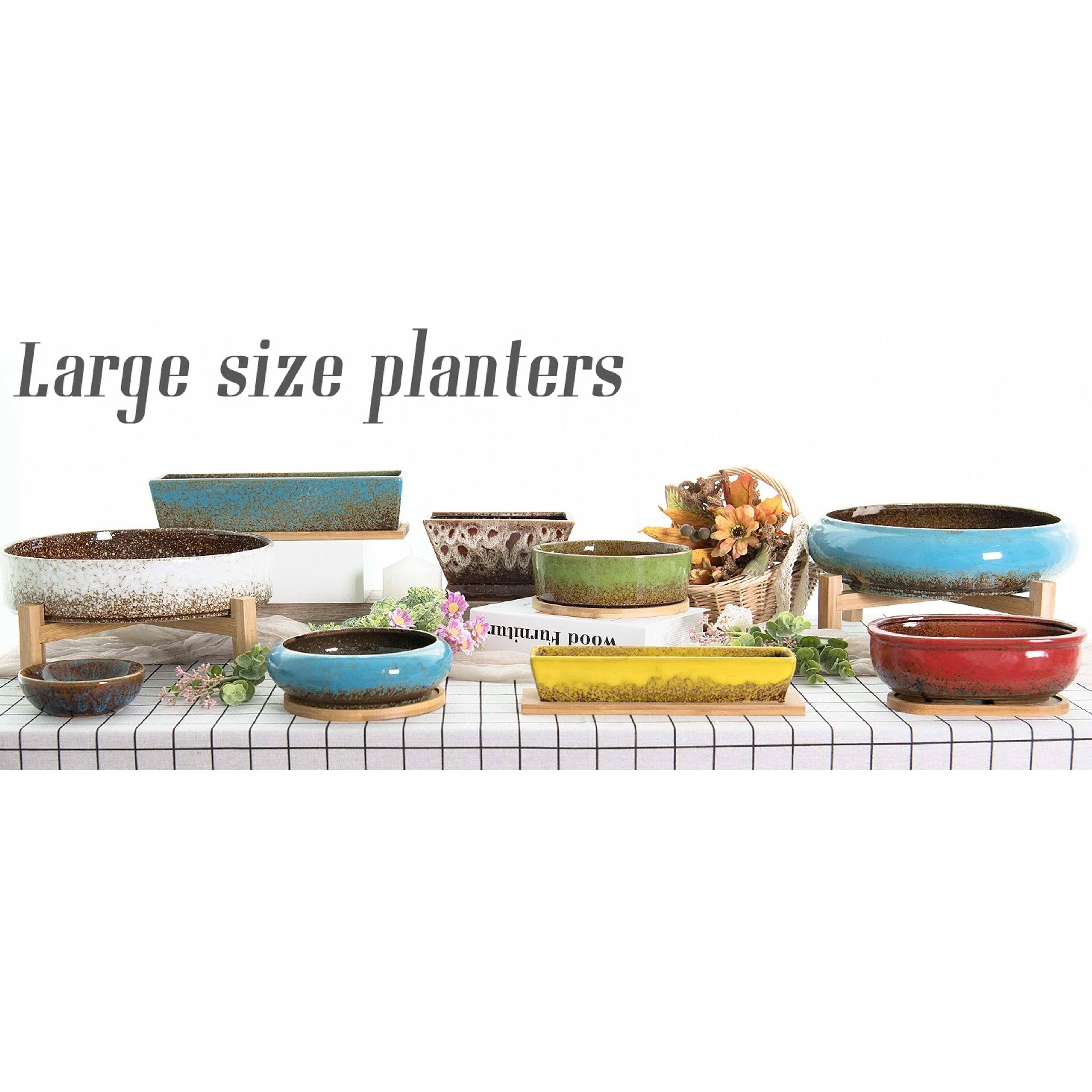 Succulent Pots - 11.5 Inch Ceramic Bonsai Pots with Drainage, Large Shallow Succulent Planters for Indoor Outdoor Plants, Round Glazed Cactus Flower Plant Container Bowl Home Desk Decor(Blue)