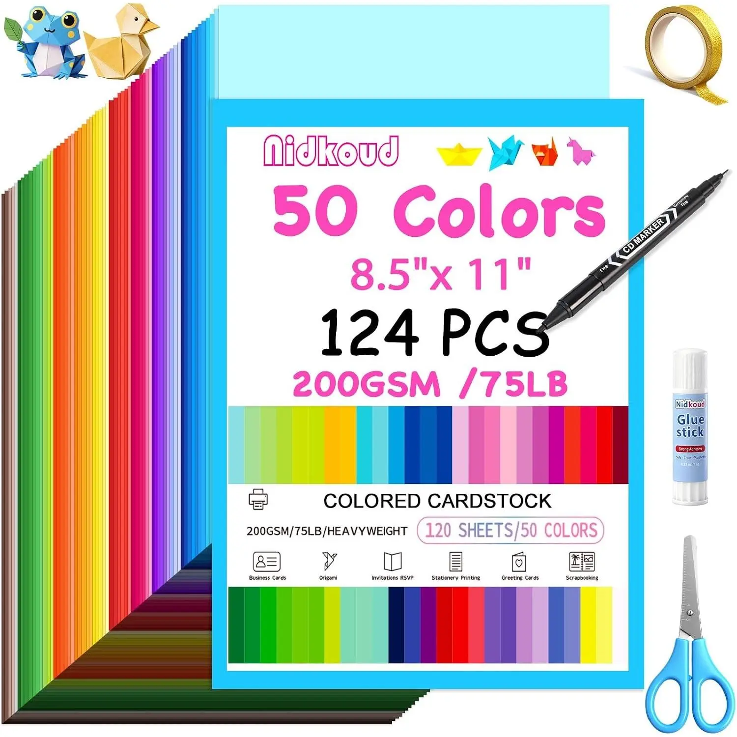 124PCS Cardstock 8.5" x 11", 50 Assorted Colors Construction Paper Bulk 200GSM/75LB Colorful Card Stock for Scrapbooking, Heavyweight Printer Paper for Card Making, Crafts,Kids School Supplies