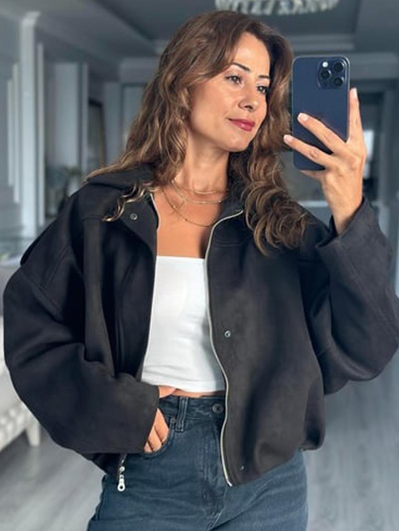 Women's Cropped Suede Jacket Demi-Season Bomber Jacket Female Outerwears Street Long Sleeve Oversized Black Brown Green Red Jacket Woman Fashion Zip Up Short Coat