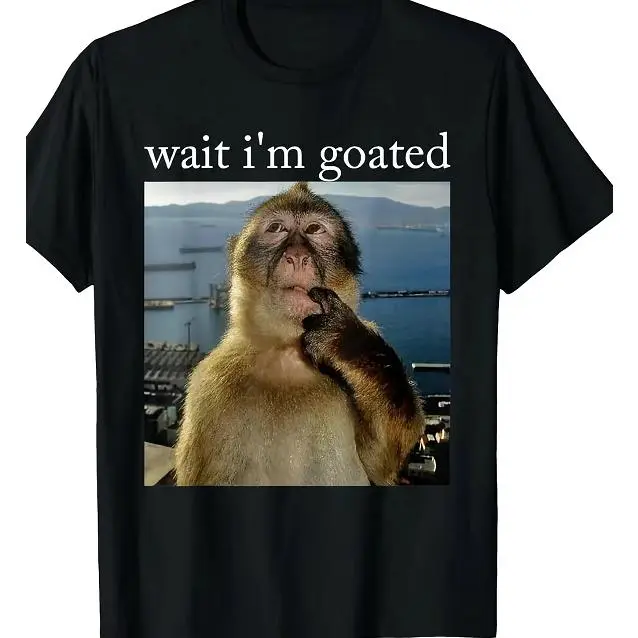 Wait I'm Goated Funny Monkey Viral Meme Graphic Print Short Sleeve T-Shirt, Unisex Summer Vacation Back To School Trendy Animal Casual Tops For Daily Commute, 100% Pure Cotton Printed Craft Summervibes Tee, Soft Breathable Loose Fit Everyday Outfits
