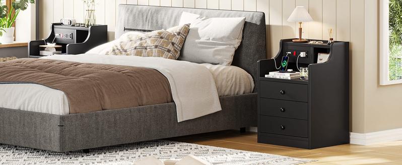 Sikaic Nightstand With Charging Station Hutch & Storage Drawers Bedside Table Cabinet Modern Bedside Table
