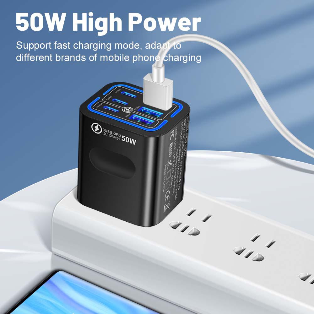 Portable Multi Port Charging Station 50W, 6-Port USB C & USB A,Adapter Cube Plug for iPhone 16 15 14 13 Pro Max Plus, iPad