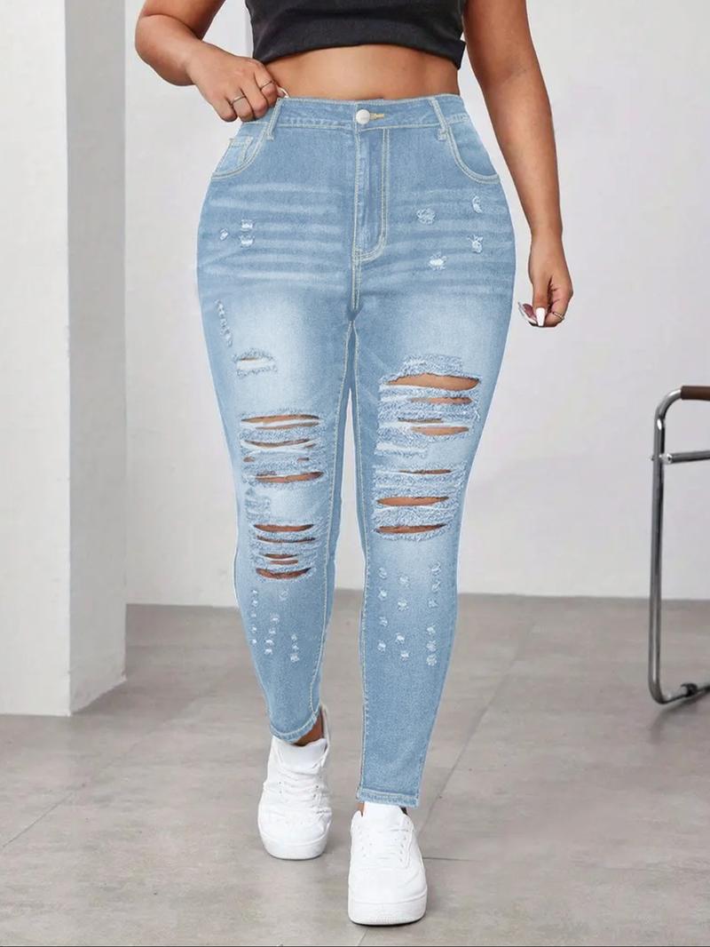 Plus Size Women's Elastic Washed Tight Casual Ripped Skinny Jeans, Distressed High Waist Long Denim Jeans for All Seasons, Sexy Date Plus Size Women's Elastic Washed Tight Casual Ripped Skinny Jeans, Distressed High Waist Long Denim Jeans for All Seasons, Sexy Date