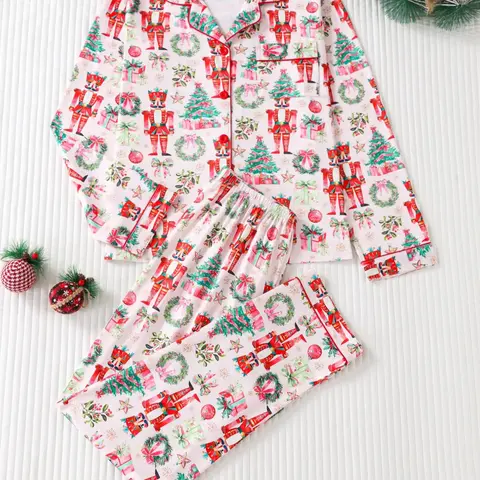 Two-Piece Christmas Pajama Set, Pyjamas, Cartoon Walnut Soldier Print, Long Sleeve Top & Loose Pants, Fitted, All Seasons, Party Style