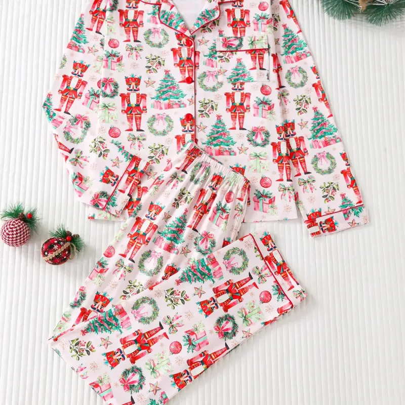 Two-Piece Christmas Pajama Set, Pyjamas, Cartoon Walnut Soldier Print, Long Sleeve Top & Loose Pants, Fitted, All Seasons, Party Style