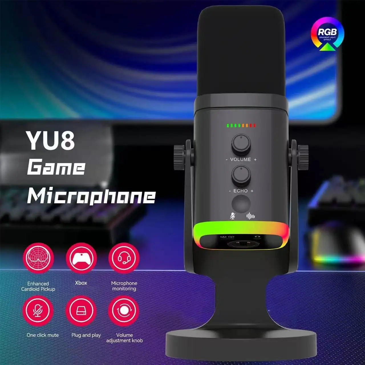 Game USB/XLR Microphone, Podcast Friendly, Adjustable RGB Lights, Touch Mute, Headset Jack, Desktop Stand, Dynamic Mic for Singing, Streaming, Podcasts