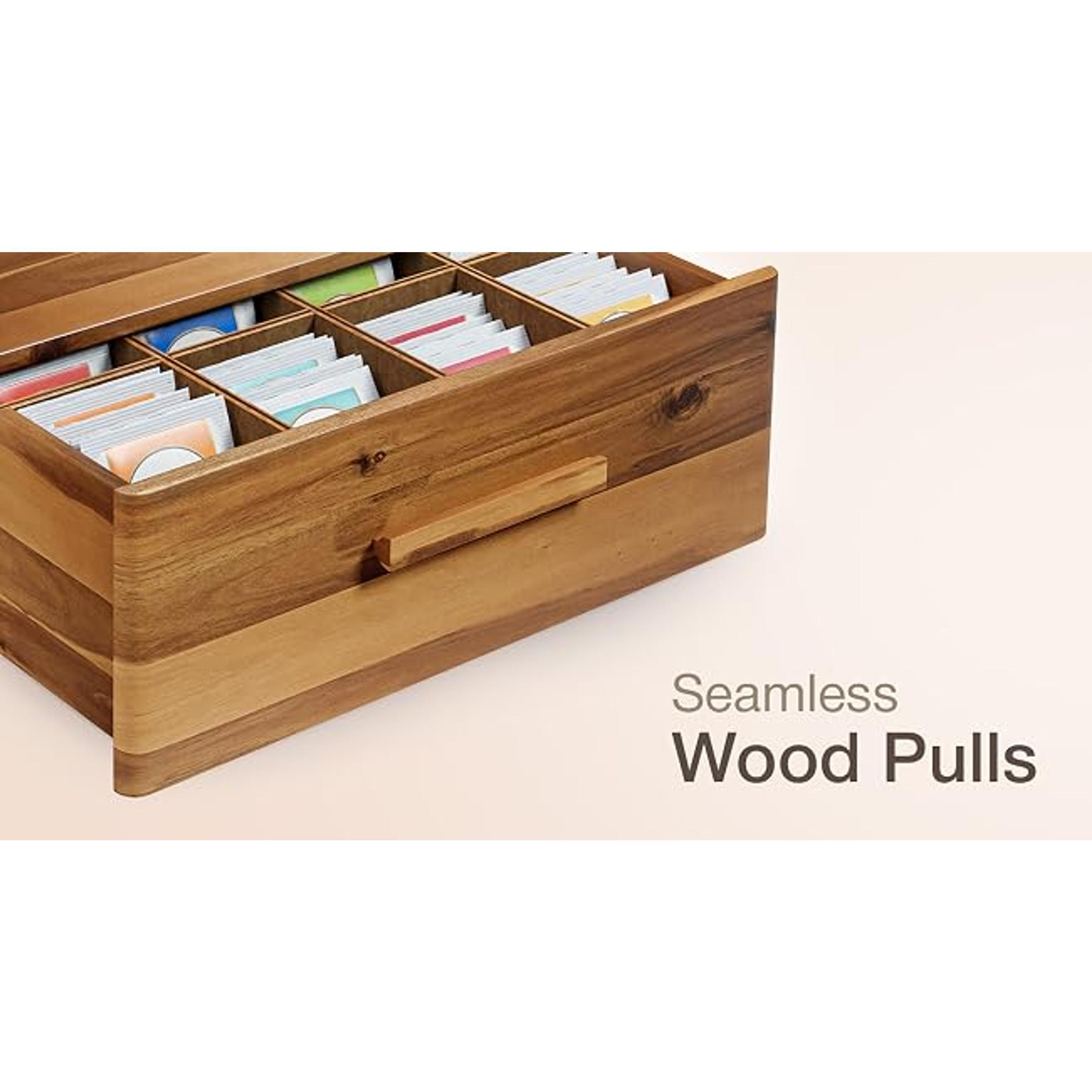 Acacia Wooden Tea Box Organizer with Drawer – Tea Chest for Tea Bags Storage – Tea and Coffee Organizer - Wooden Tea Tray and Containers for Countertop Display (Acacia)