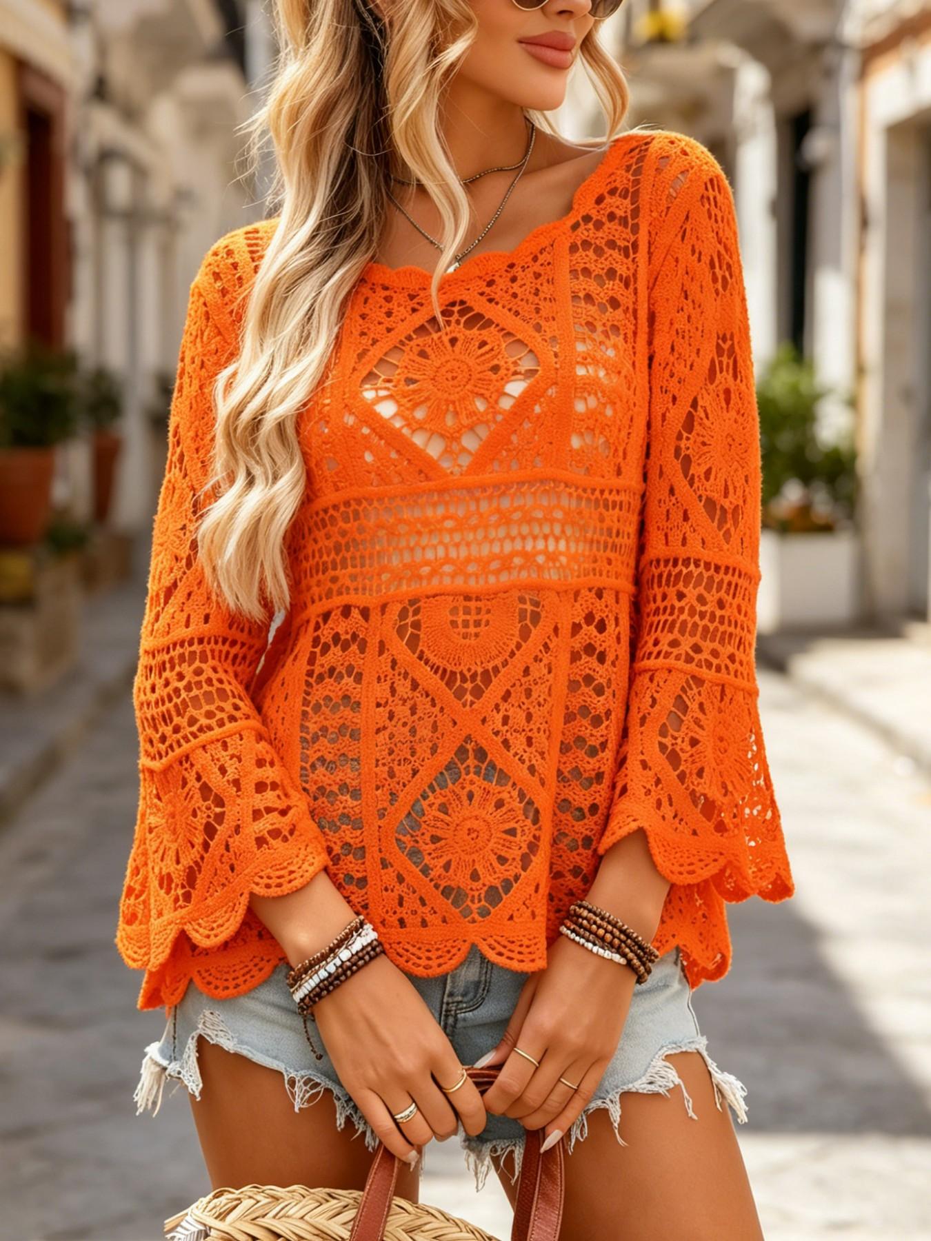 Boho Style Bohemian Women's Hollow-Out Knit Cardigan, Long-Sleeve Round Neck Knitwear, Elegant Chic All-Season Outdoor Outerwear for Beach Vacation & Casual Travel Wear