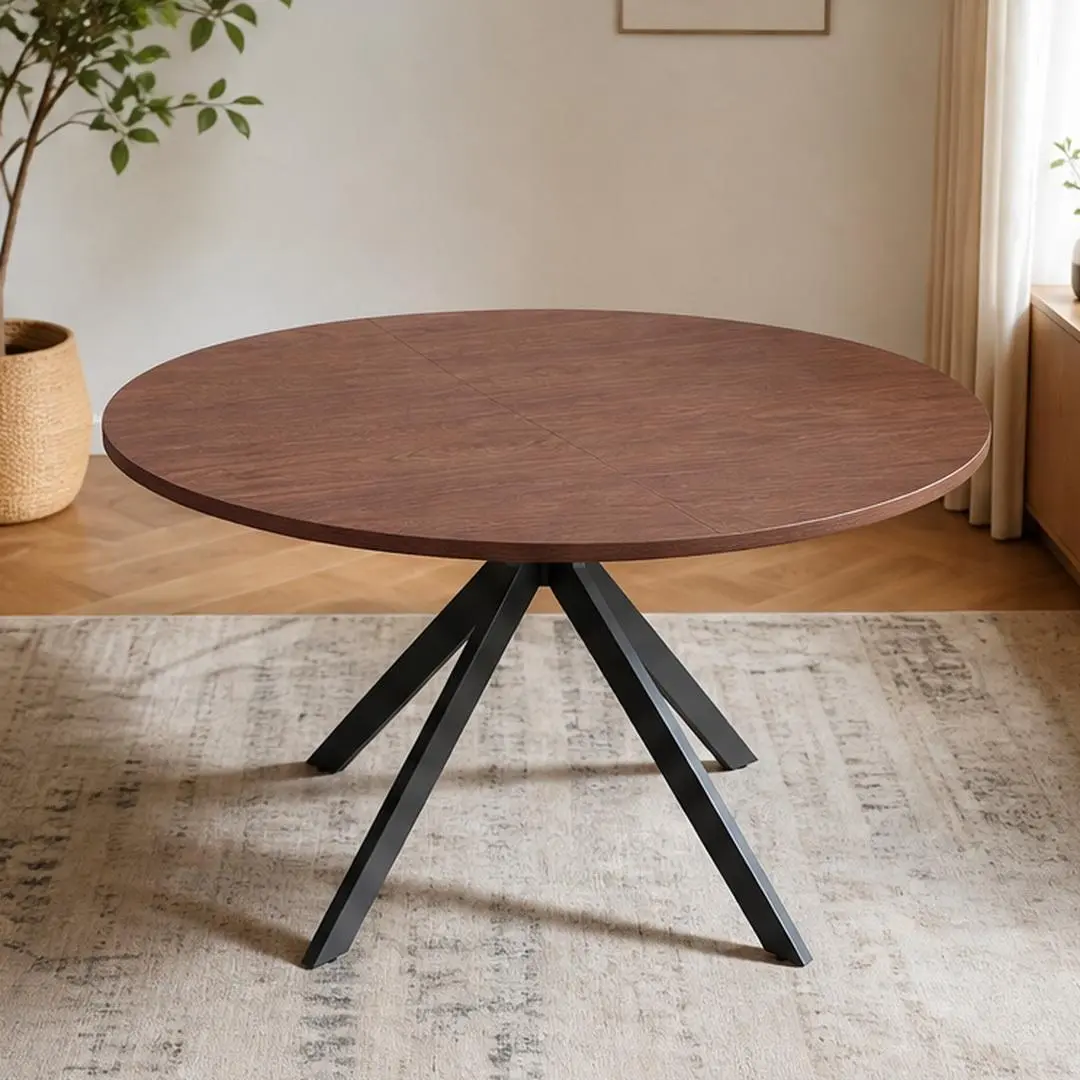 Extendable Round Dining Table, 43 to 54 Inch Drop Leaf, Walnut MDF Top with Black Metal Legs, Seats 4 to 6, Space-Saving for Small Apartment Kitchen