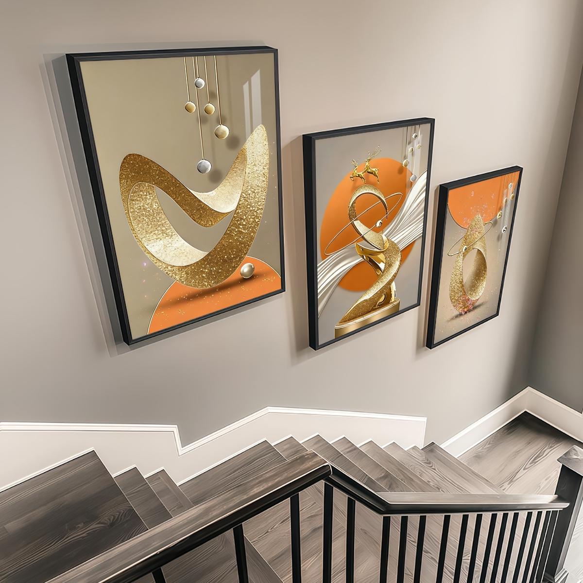 3 Counts Aluminum Alloy Framed Painting, Modern Abstract Golden Sculptural Art Pictures, Home Decoration For Living Room, Bedroom, Office, Restaurant, Hallway Wall Decor, Odorless Print Artwork, Luxury Perfect Gift For Friends And Family