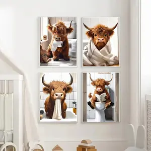4PCS/set Frameless Highland Cow Funny Toilet Art Print Bathroom Humor Animal Wall Art Poster Decor Toilet Paper Cow Canvas Painting Bedroom Decor Wall Decoration Unframed Wall Art