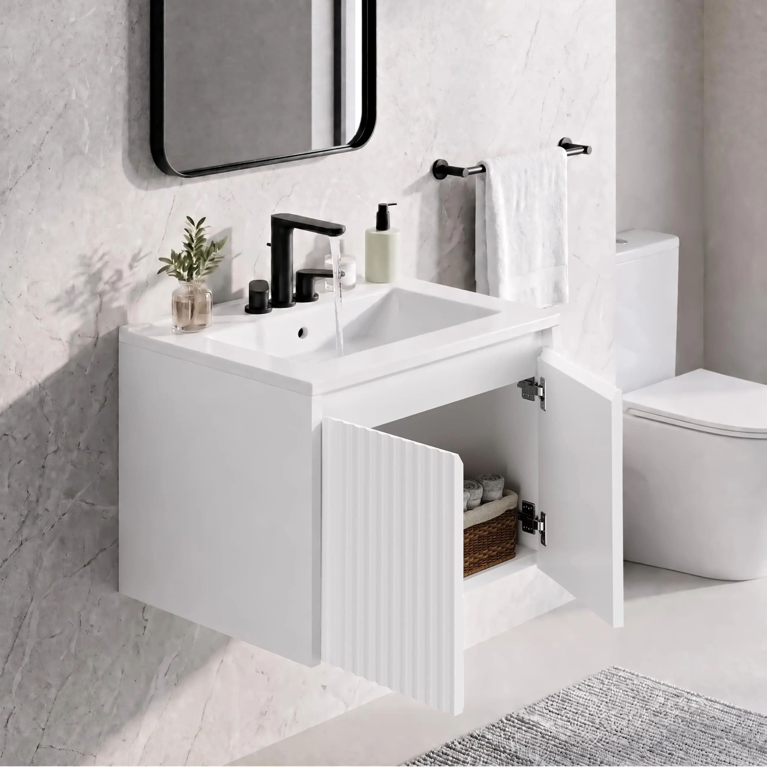 24" Wood Wall Mounted Vanity with Sink Fluted 2-Door 8" 3-Hole PVC Moisture-Resistant Ceramic Sink