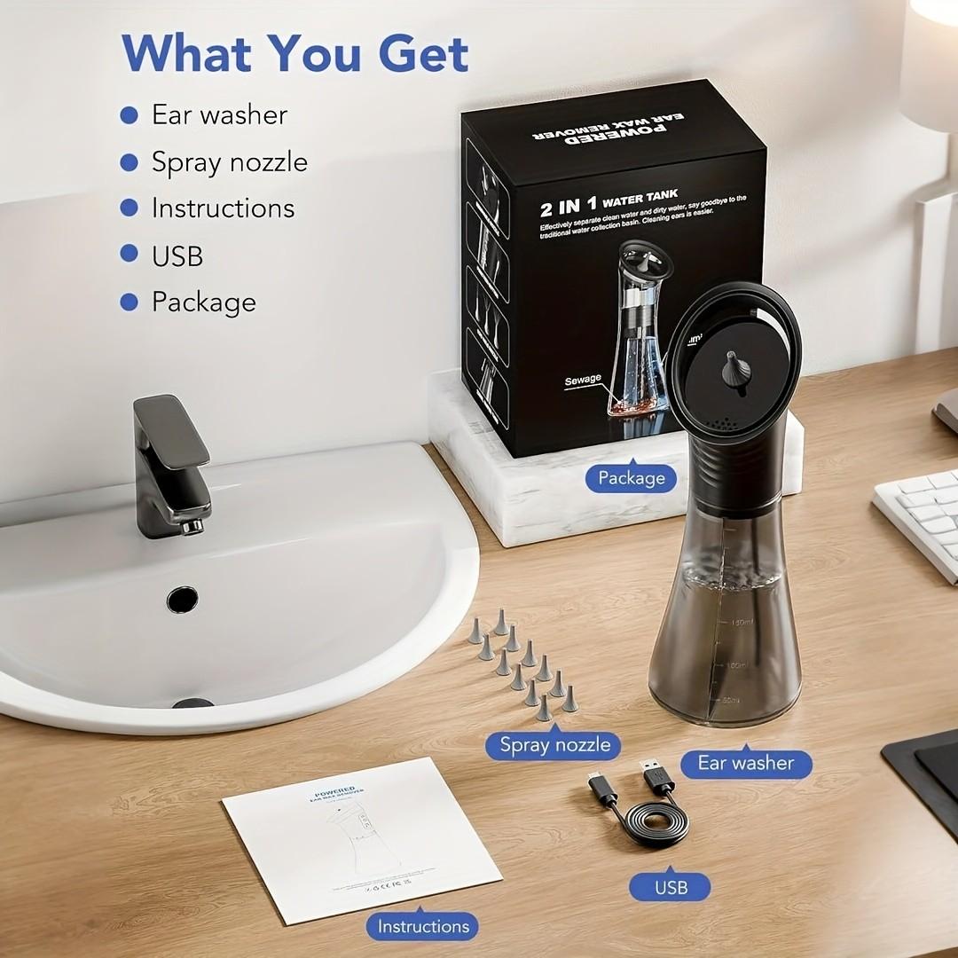 Professional Electric Earwax Removal System, 3-Gear Hydraulic Ear Cleaning Set with Water Temperature Sensor, Visible Waste Bin and USB Charging, Ear Cleaning Water Machine, Ear Irrigation System, Earwax Remover
