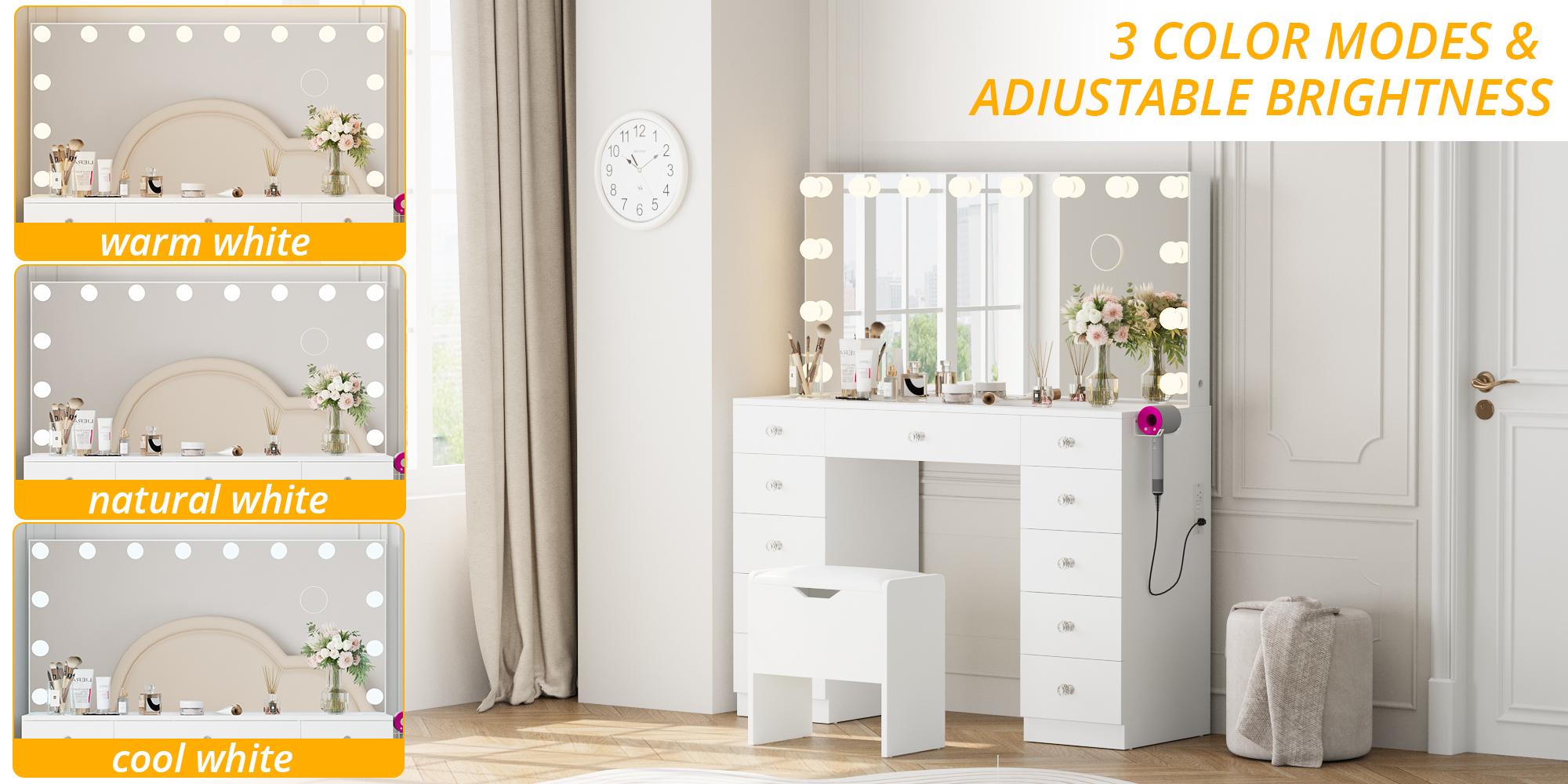 VOWNER Vanity with 10×Magnifying Mirror, With Glass Top&Power Outlet, 3 Color Light Options, 43" Vanity Table with 11 Drawers&Stool, Bedroom, White
