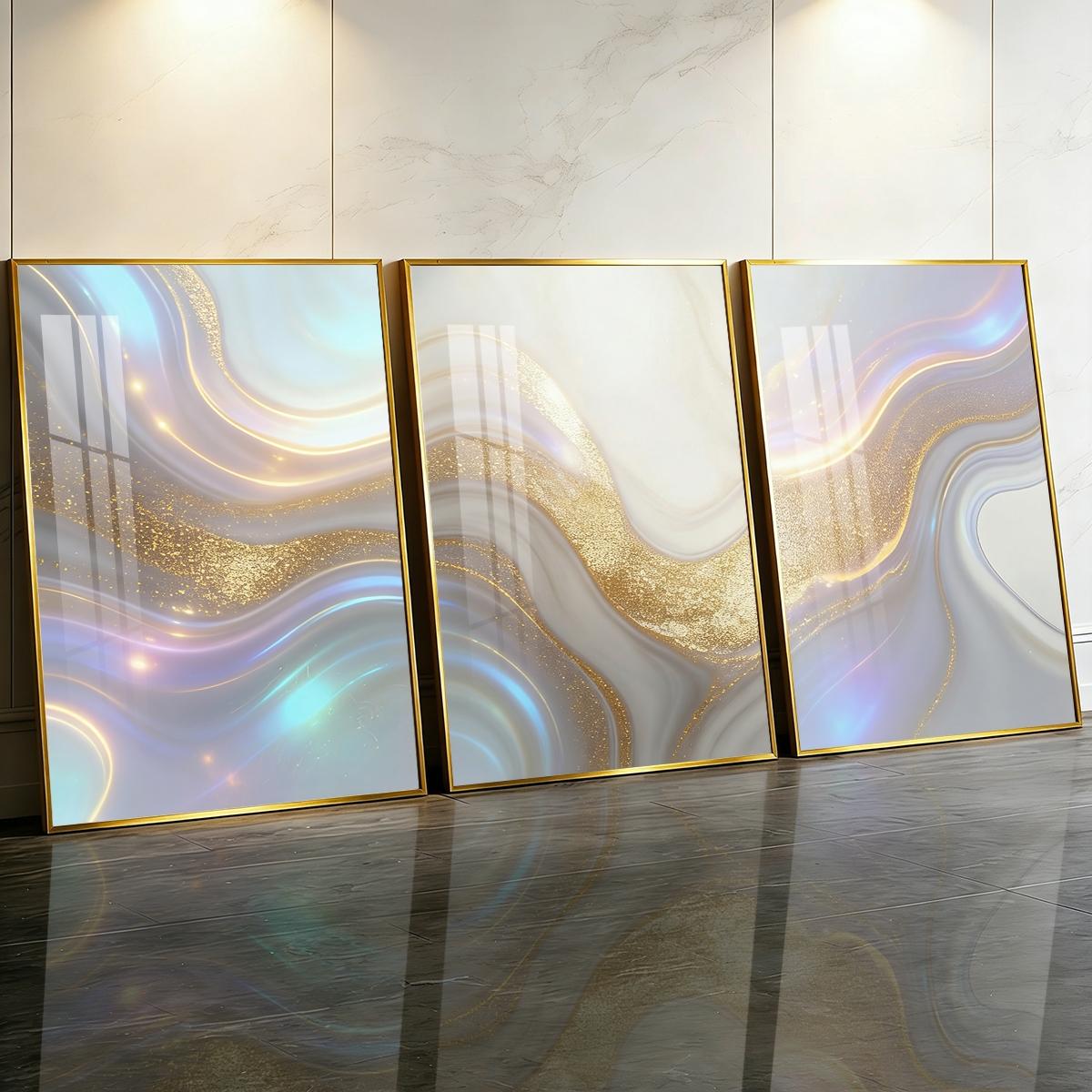 3 Counts Aluminum Alloy Framed Painting, Abstract Golden And Silver Fluid Art Pattern, Home Decoration For Living Room, Bedroom, Office, Restaurant, Hallway Wall Decor, Odorless Print Artwork, Luxury Perfect Gift For Friends And Family