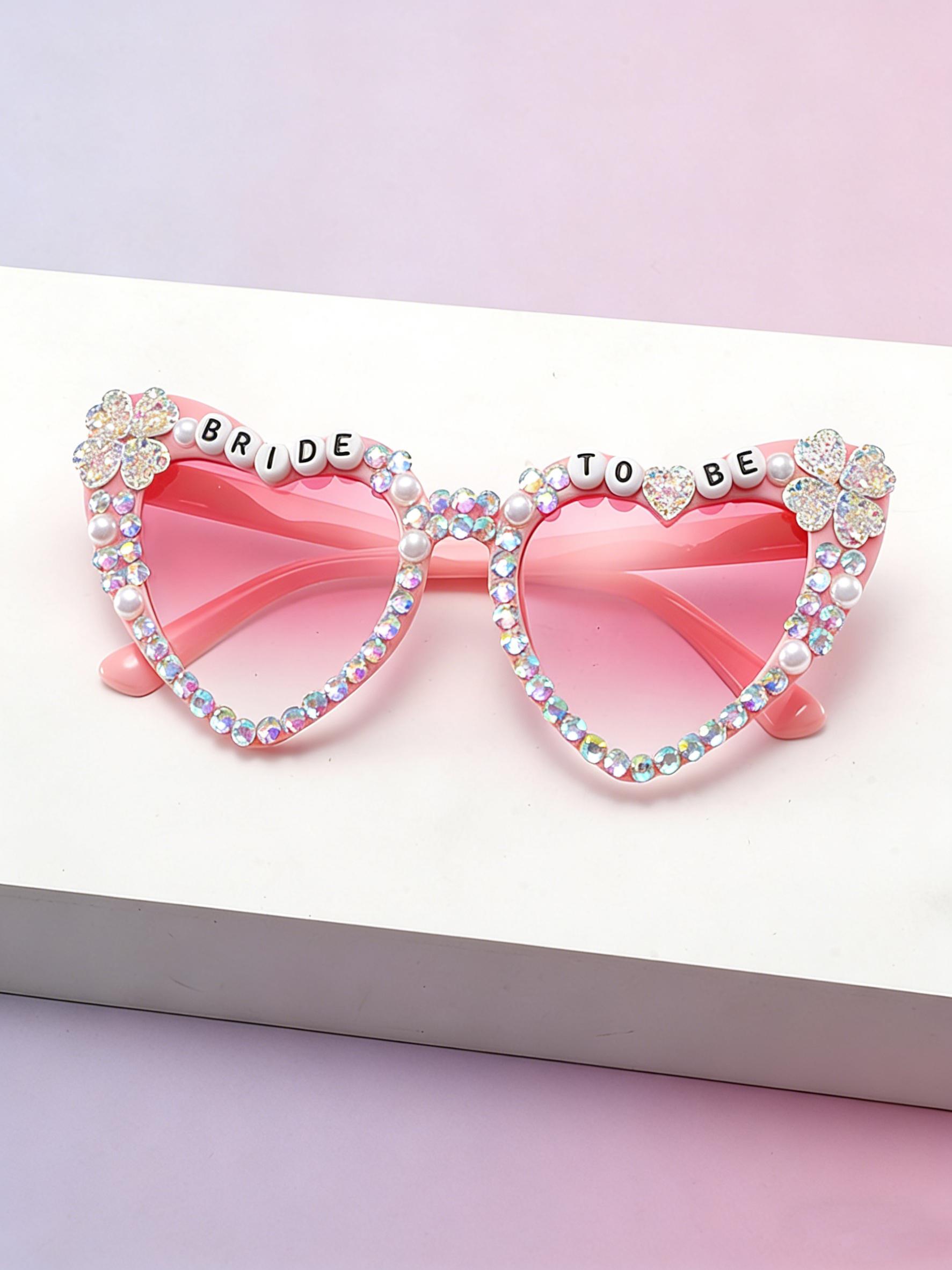 Bride-To-Be Full-Diamond Heart Sunglasses, Pearl Clover Decoration, Pre-Wedding Singles Party Photo Sun Glasses, Elegant Bridal Accessory