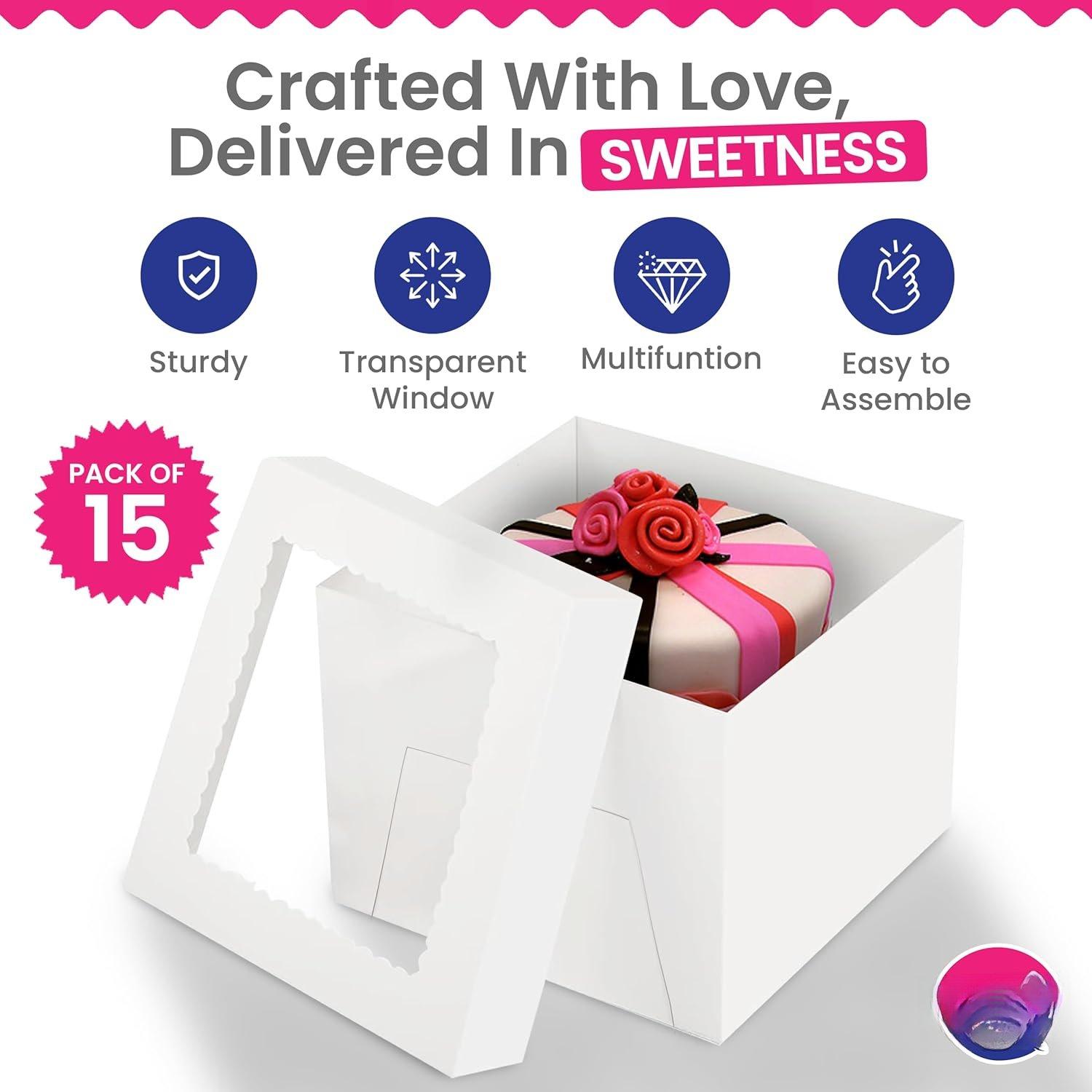 15 count Cake Boxes, 10x10x8 Inches Tall Cake Box with Window, Large White Bakery Boxes, Baking Boxes, Square Cardboard Cake Box for Multi-Layer Cakes, Cake Decorating Supplies, Valentines Day