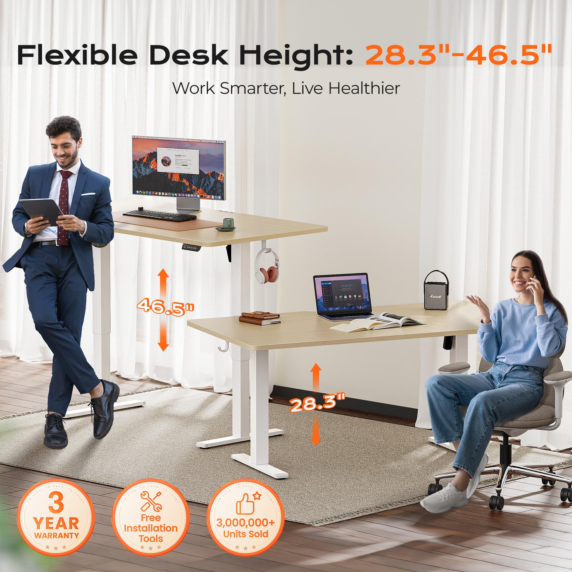 Huuger 48/55 Inch Electric Standing Desk, Stand up Desk, 27.6" Deep Desktop, 28.3" to 46.5" Height Adjustable Desk, Computer Desk with 2 Hooks, 3 Preset Heights, Office Desk