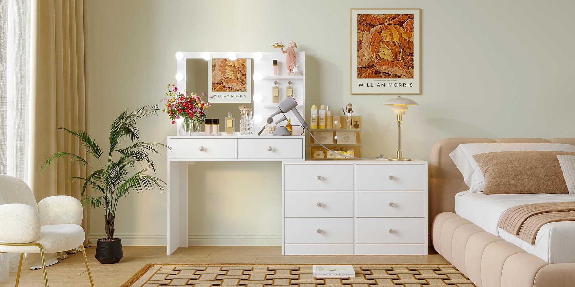 【Black Friday】VOWNER Makeup vanity mirror and Lights & Power Outlet, 8 Drawers, Makeup Vanity Table with 2 Shelves,White dressing table Furniture Storage