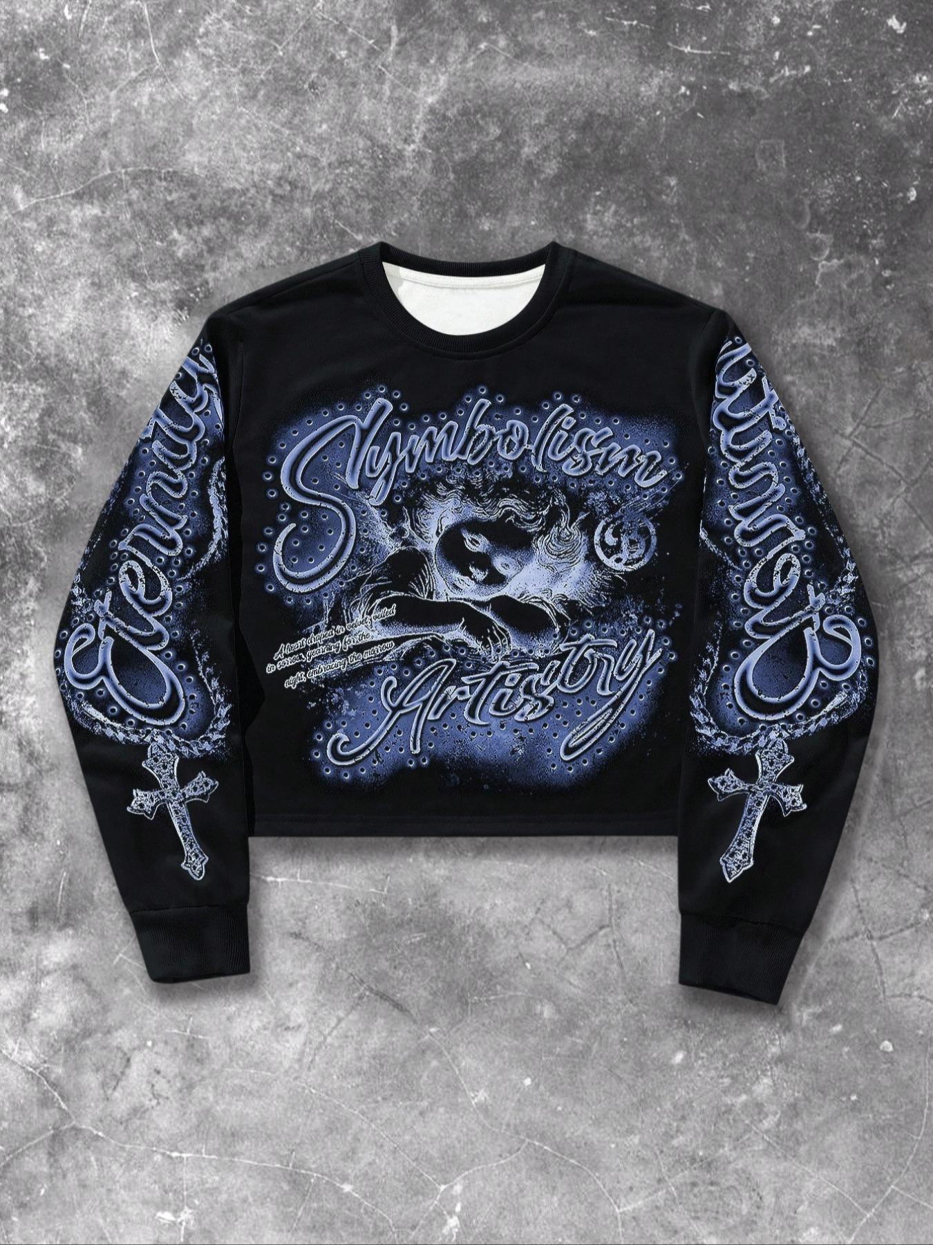 Men's Graphic Sweatshirt with Letter and Cross Print, Loose-Fitting Fall & Winter Pullover, Casual Angel Design Long Sleeve Top